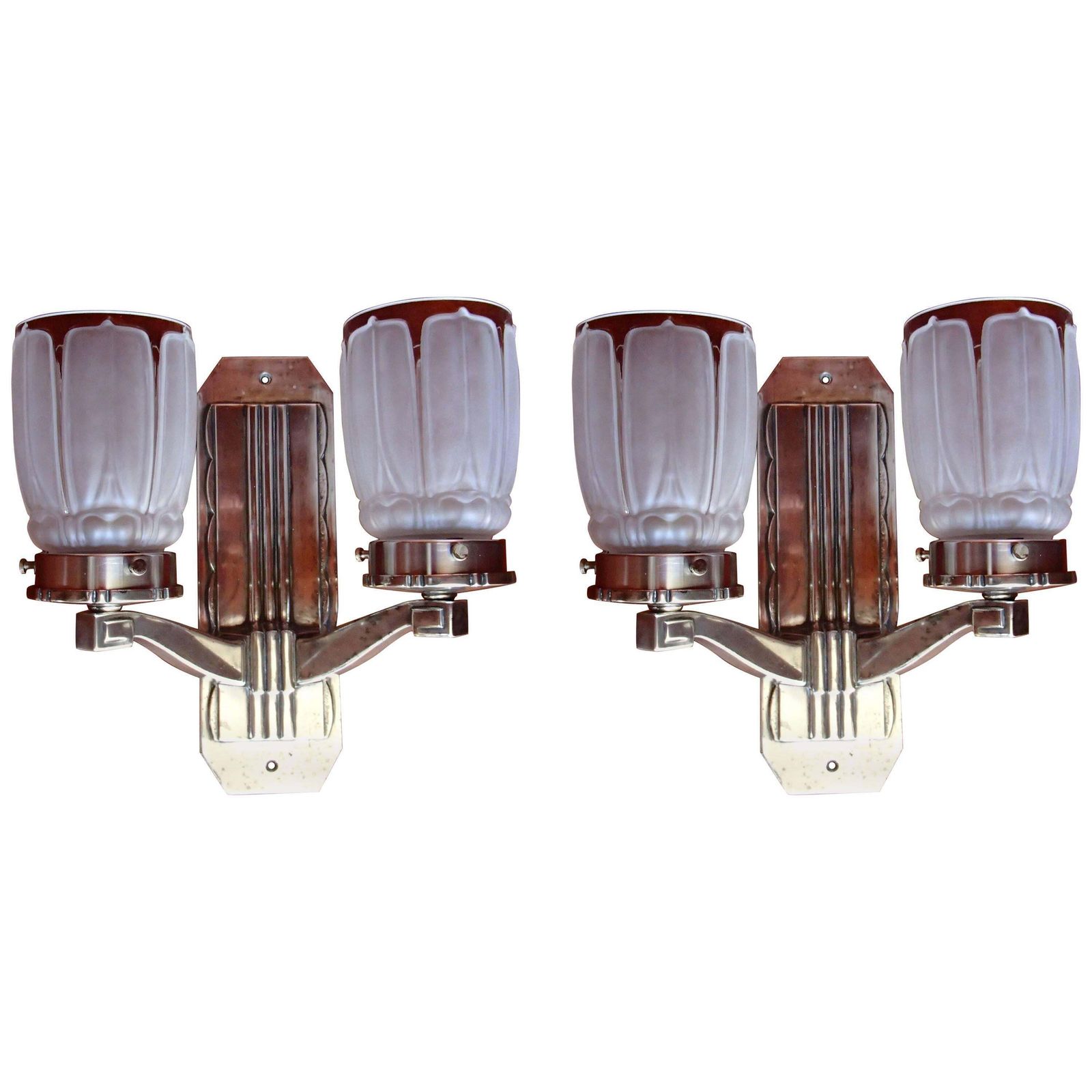 Pair Of Art Deco Silver Plated Walllights With Frosted Glass Shades