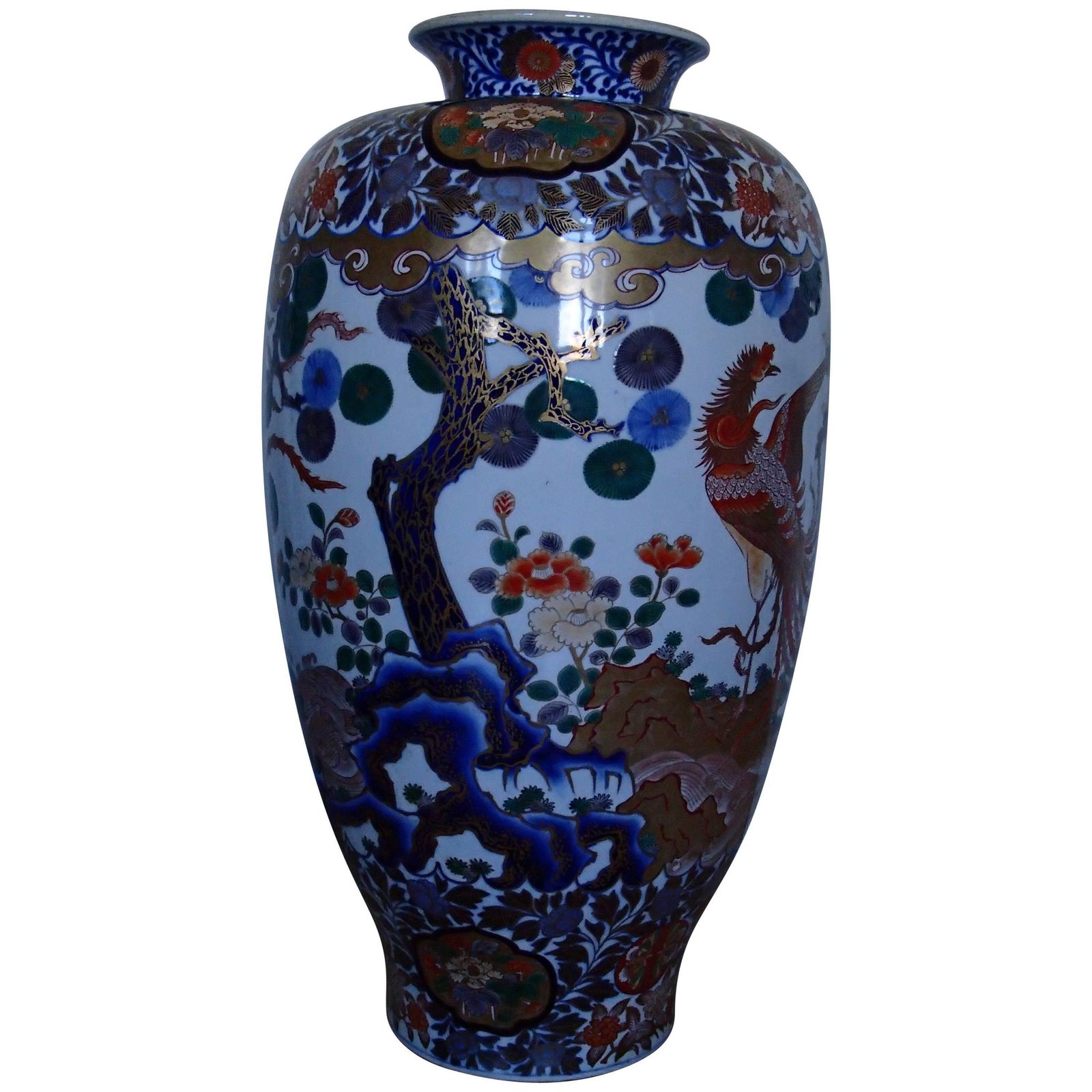 Huge Imari Vase With Email Painted With Birds And Kiku Flowers