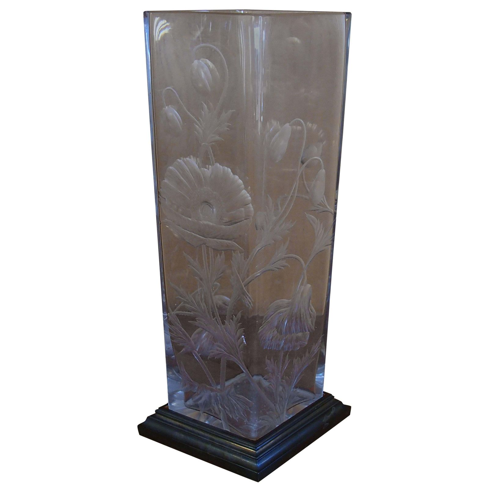 Art Deco Baccarat Vase With Engraved Poppy Flowers Bronze Base Gold Plated