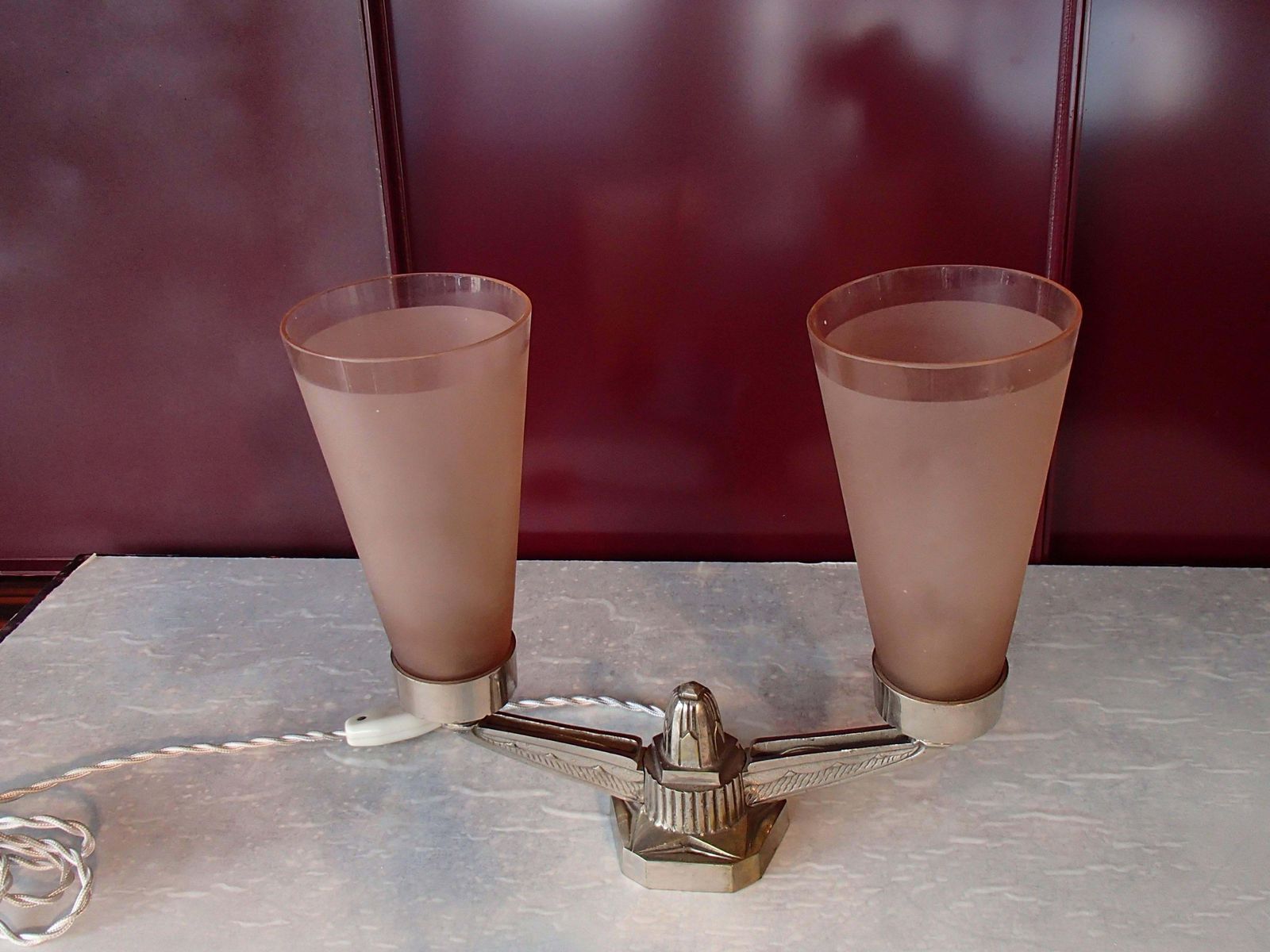 Elegant 1920s Table Lampe Pale Rose Frosted Glass Bronze Nickeled photo 731.0