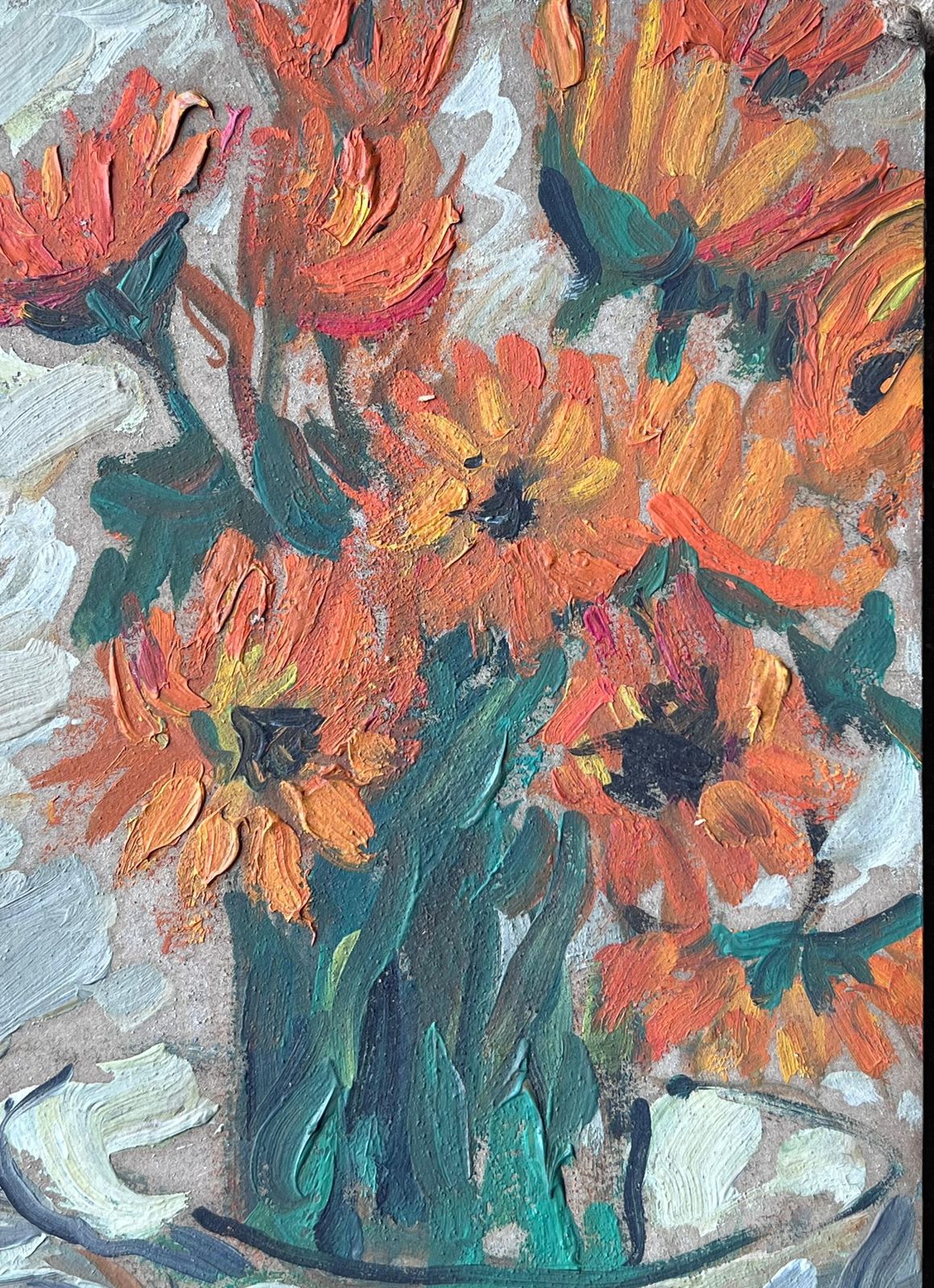 Suzanne Dinkes Mid Century French Impressionist Oil Painting Still Life Orange Sunflowers 1950's photo for sale
