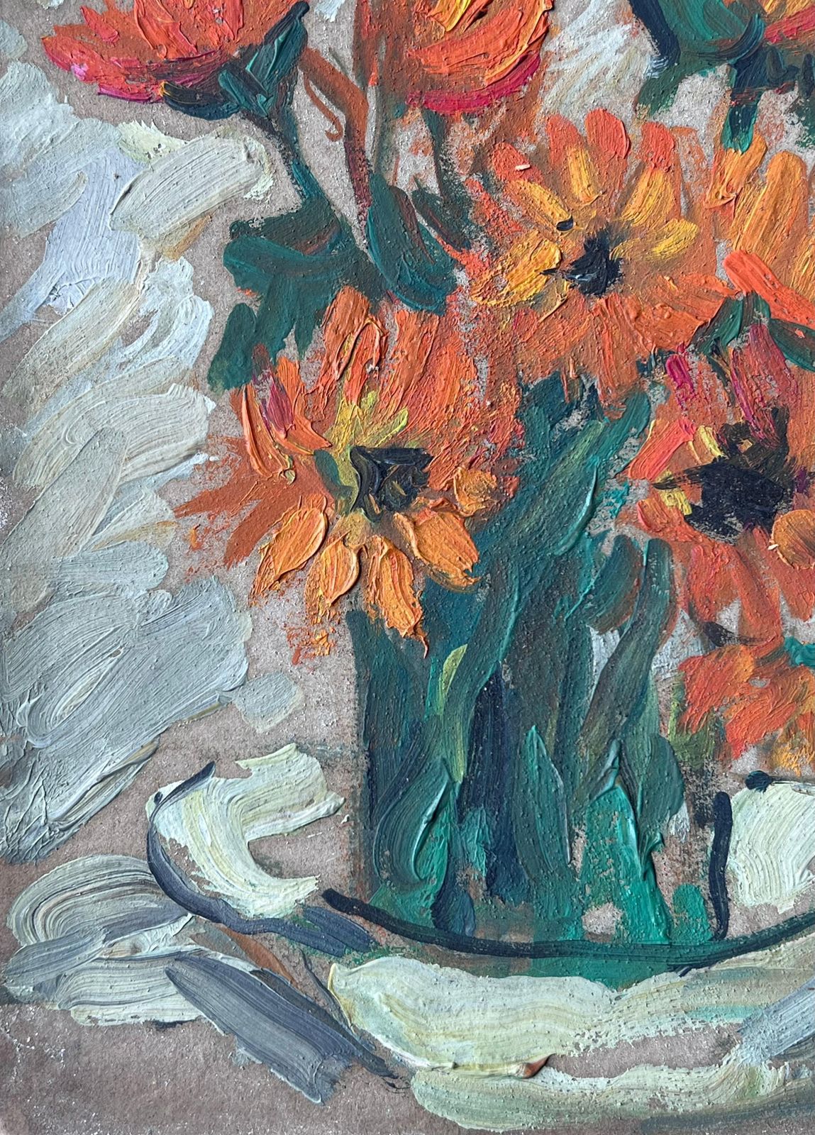 Suzanne Dinkes Mid Century French Impressionist Oil Painting Still Life Orange Sunflowers 1950's photo 410.0