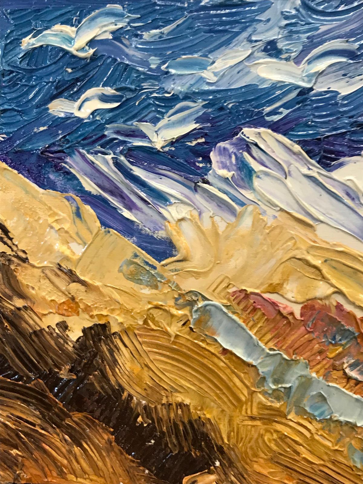 Unknown Bright & Colorful French Impressionist Oil Painting, Seagulls Over Mountains 2000 photo Art