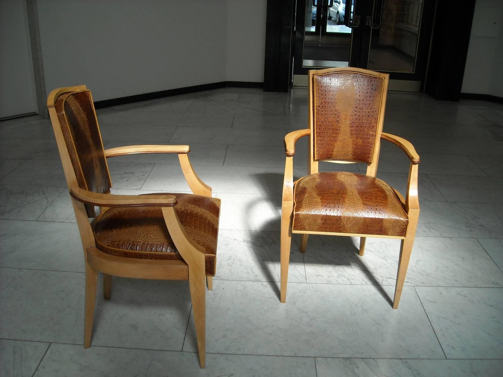 Pair Of 1940 This Side Chairs Birch With Real Leather In Crocodile Print photo furniture