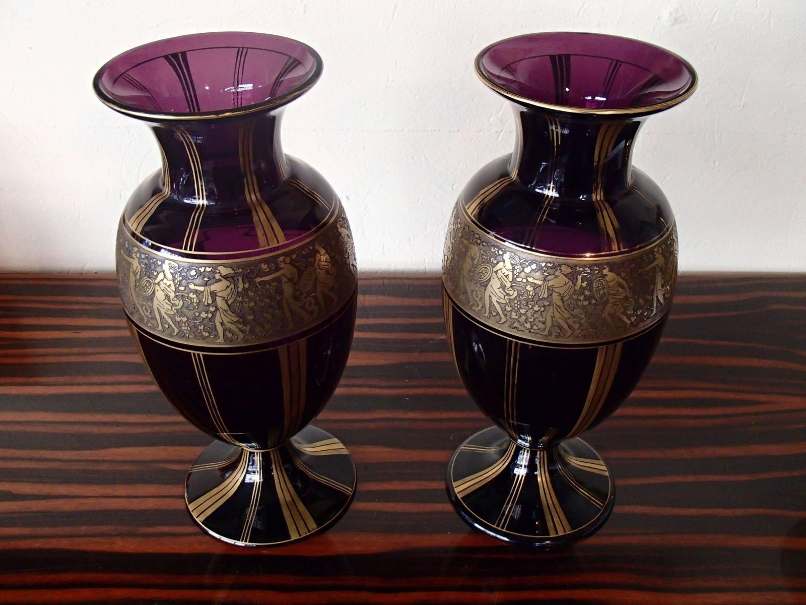 Pair Of Huge Ludwig Moser Karlsbad Vases With Gold Mythological Motives photo for sale