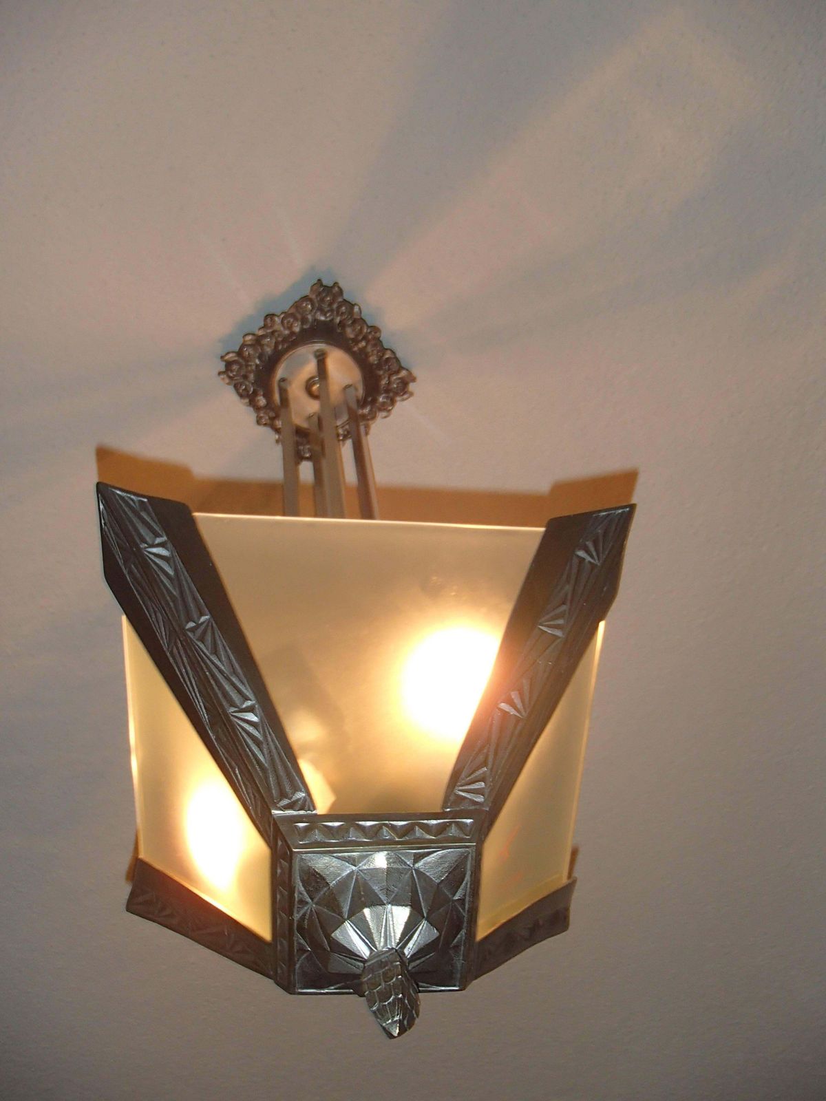 Art Deco Geometric  Bronze Nickeled Chandelier With Satined Glass photo vintage
