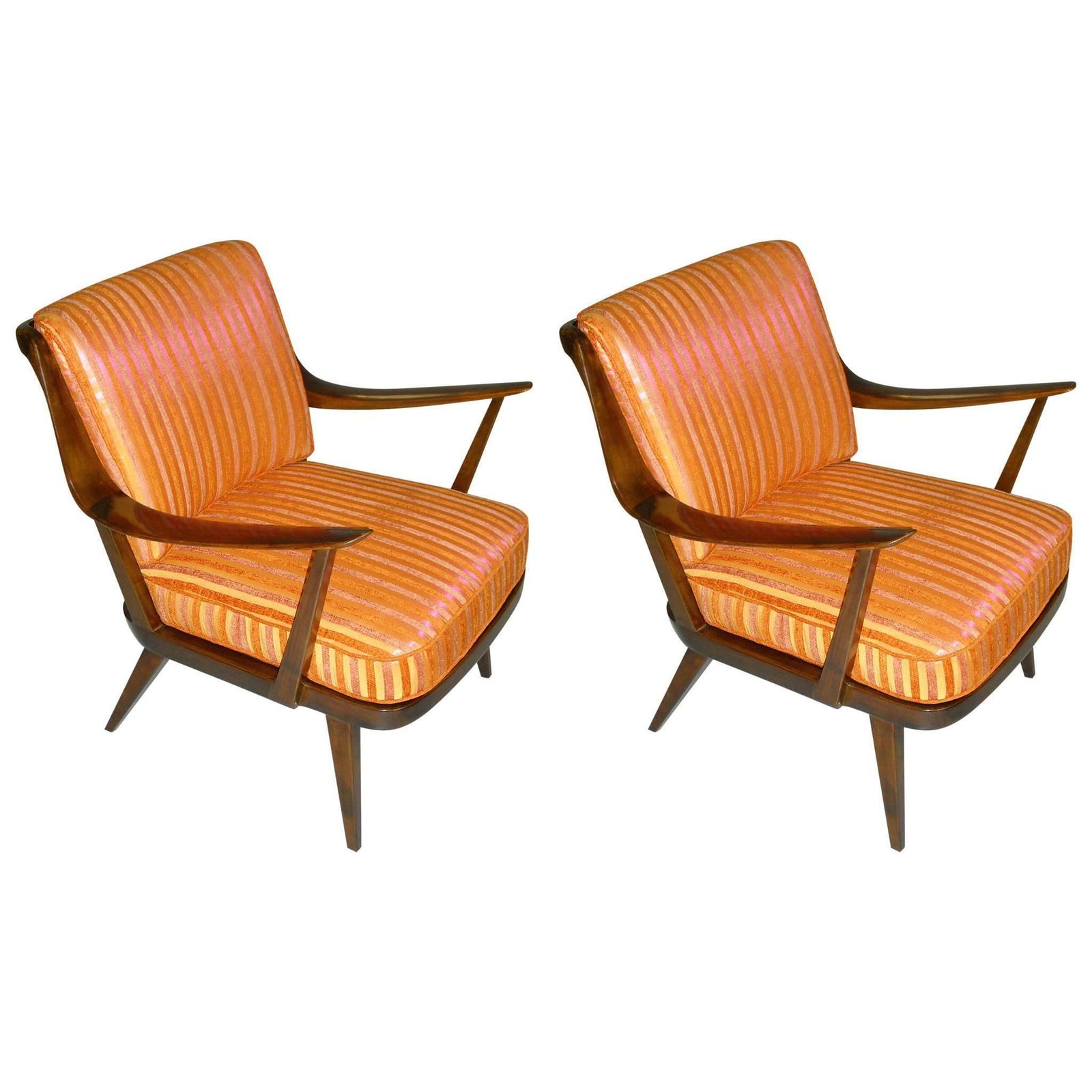Pair Of Knoll Antimott Armchairs Tinted Birch Yellow Orange Silk Recovered