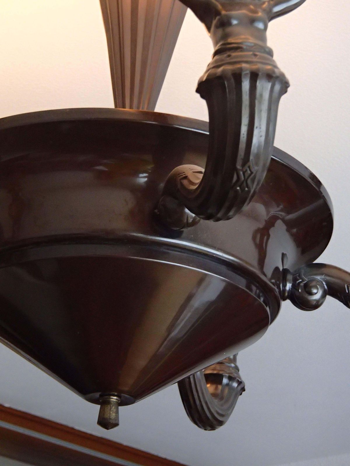 19th Century Bronze Chandelier With Five Alabaster Cups Female Figures photo vinterior