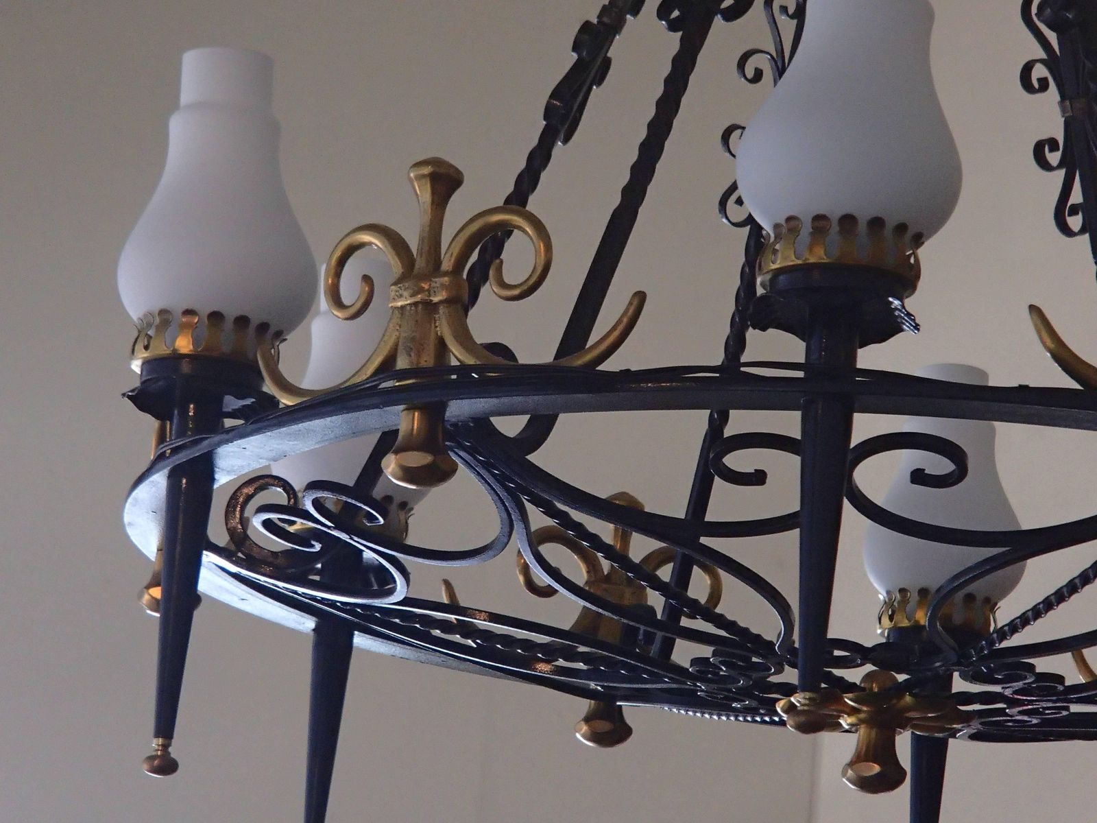 Hughes 1940 Chandelier, Wrought Iron And Brass Opal Glass photo for sale