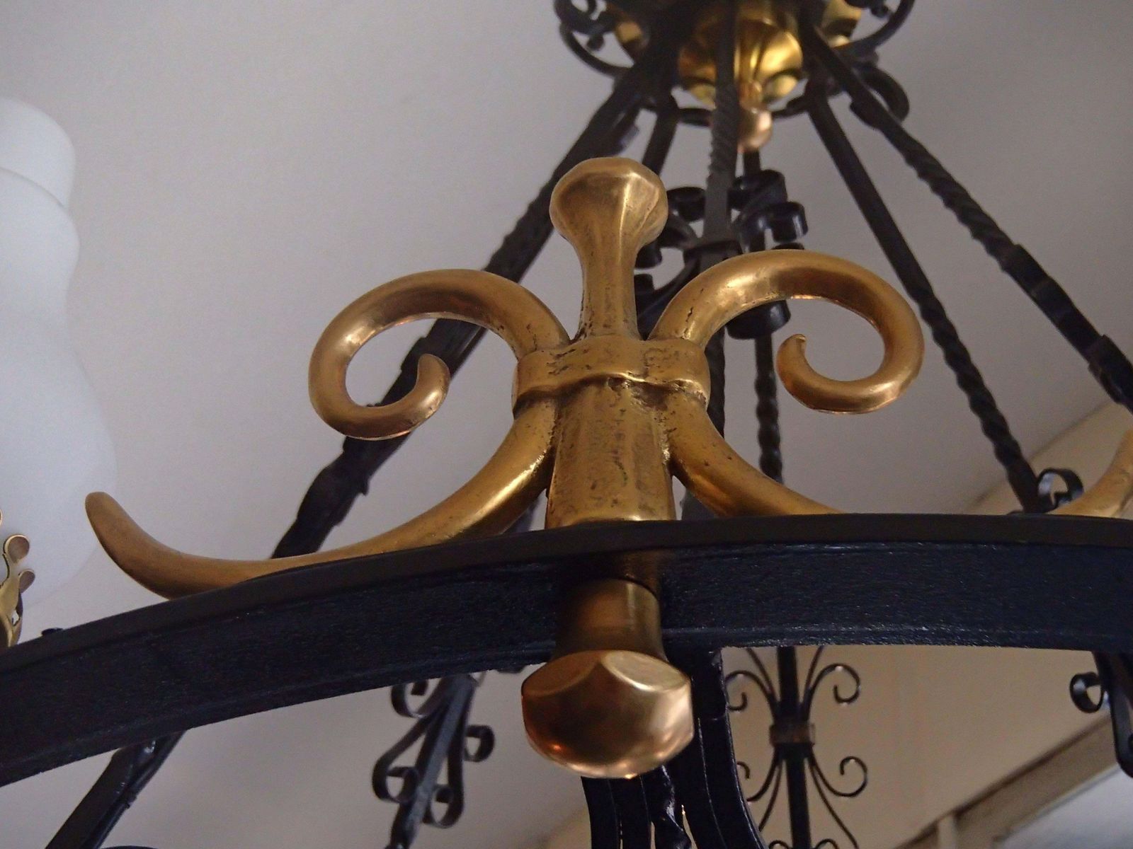 Hughes 1940 Chandelier, Wrought Iron And Brass Opal Glass photo buy