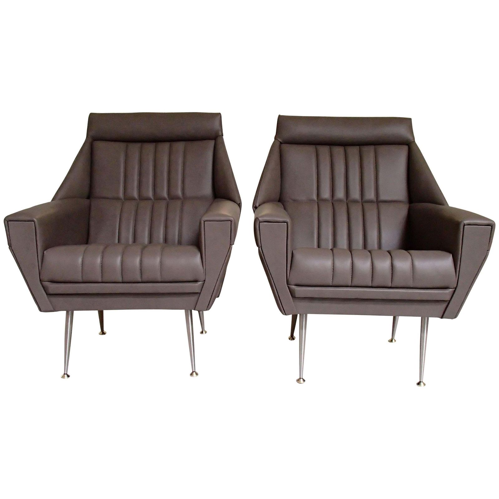 Pair Of Mid Century Modern Armchairs Grey Greenish Leather