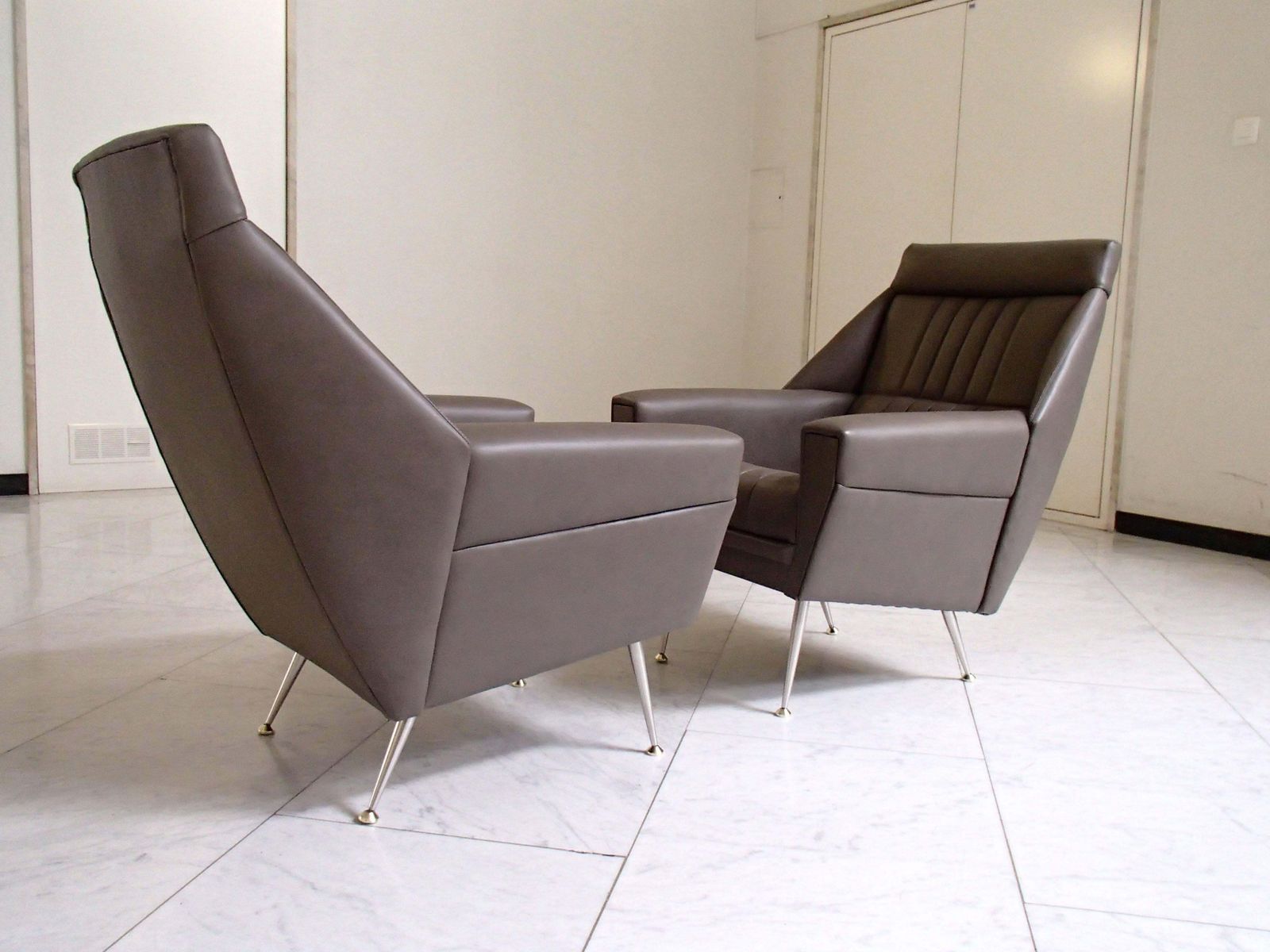 Pair Of Mid Century Modern Armchairs Grey Greenish Leather photo Furniture