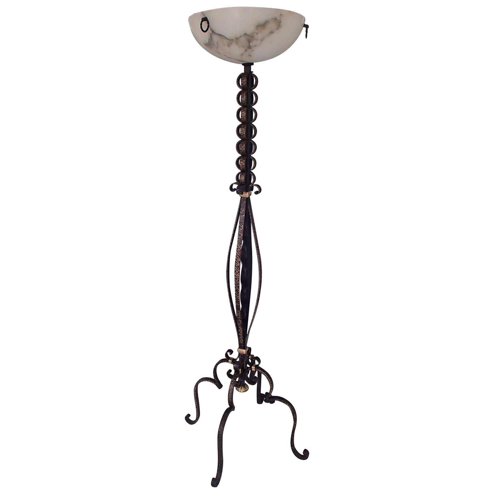 Art Deco Floor Lamp Wrought Iron And Brass With Alabaster Shade