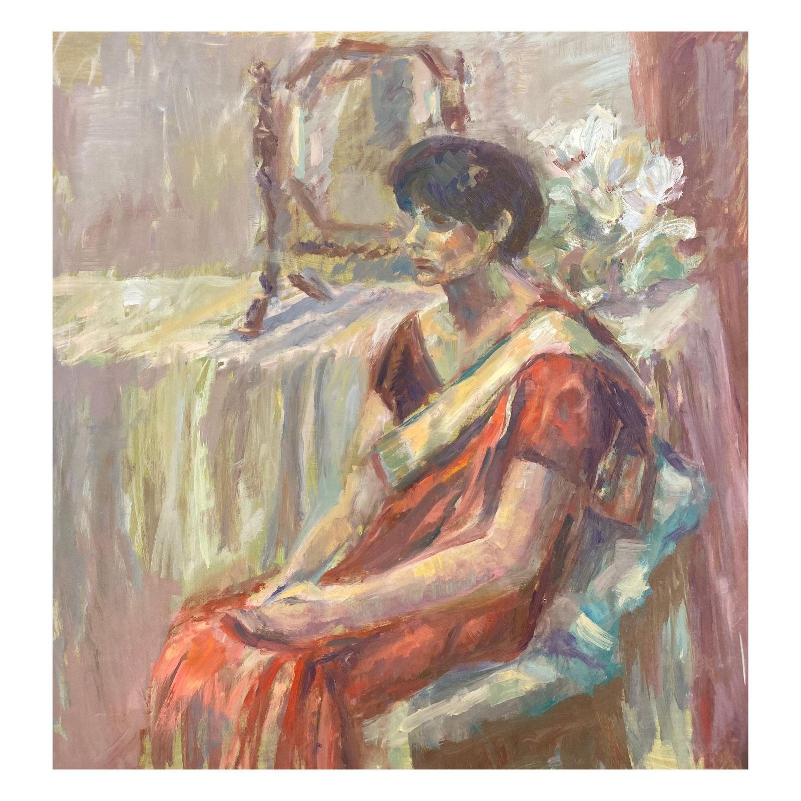 Unknown Large 1960's British Original Oil Painting, Woman Sat On Chair Circa 1960s
