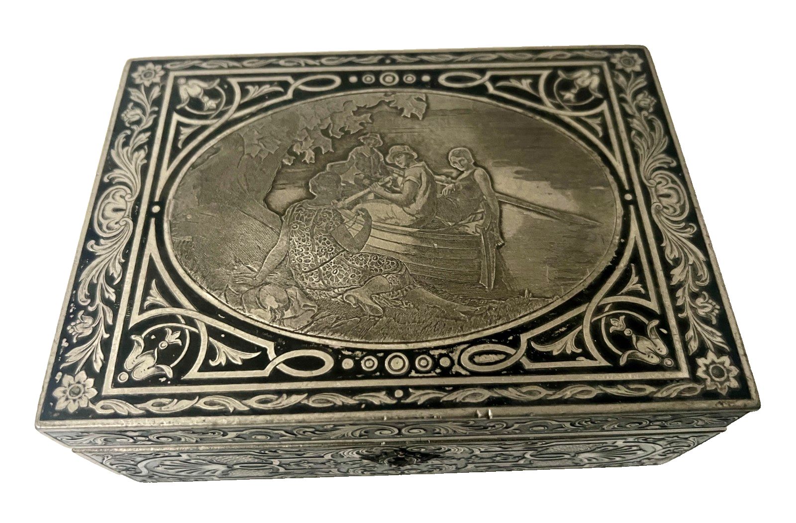 20th Century Marquetry Jewelry Box With Engraved Metal Depicting A Lively Scene