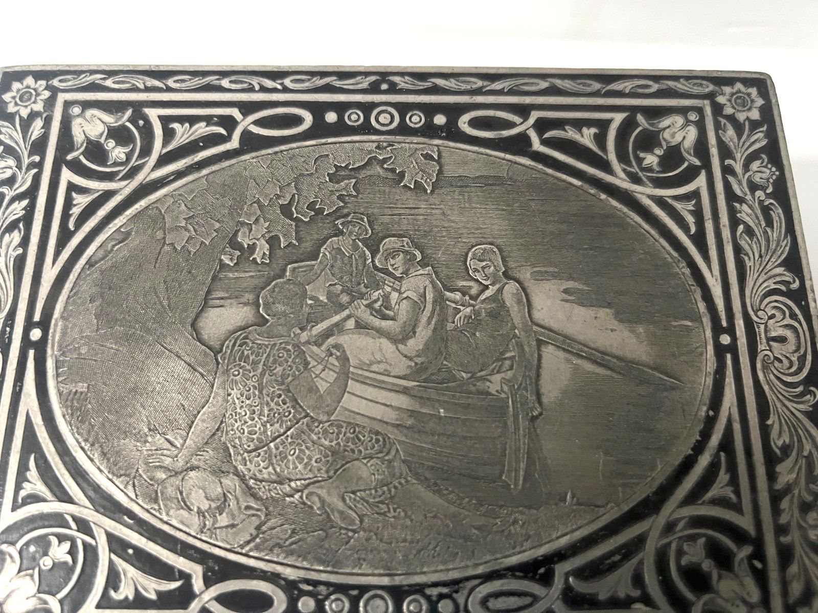 20th Century Marquetry Jewelry Box With Engraved Metal Depicting A Lively Scene photo furniture