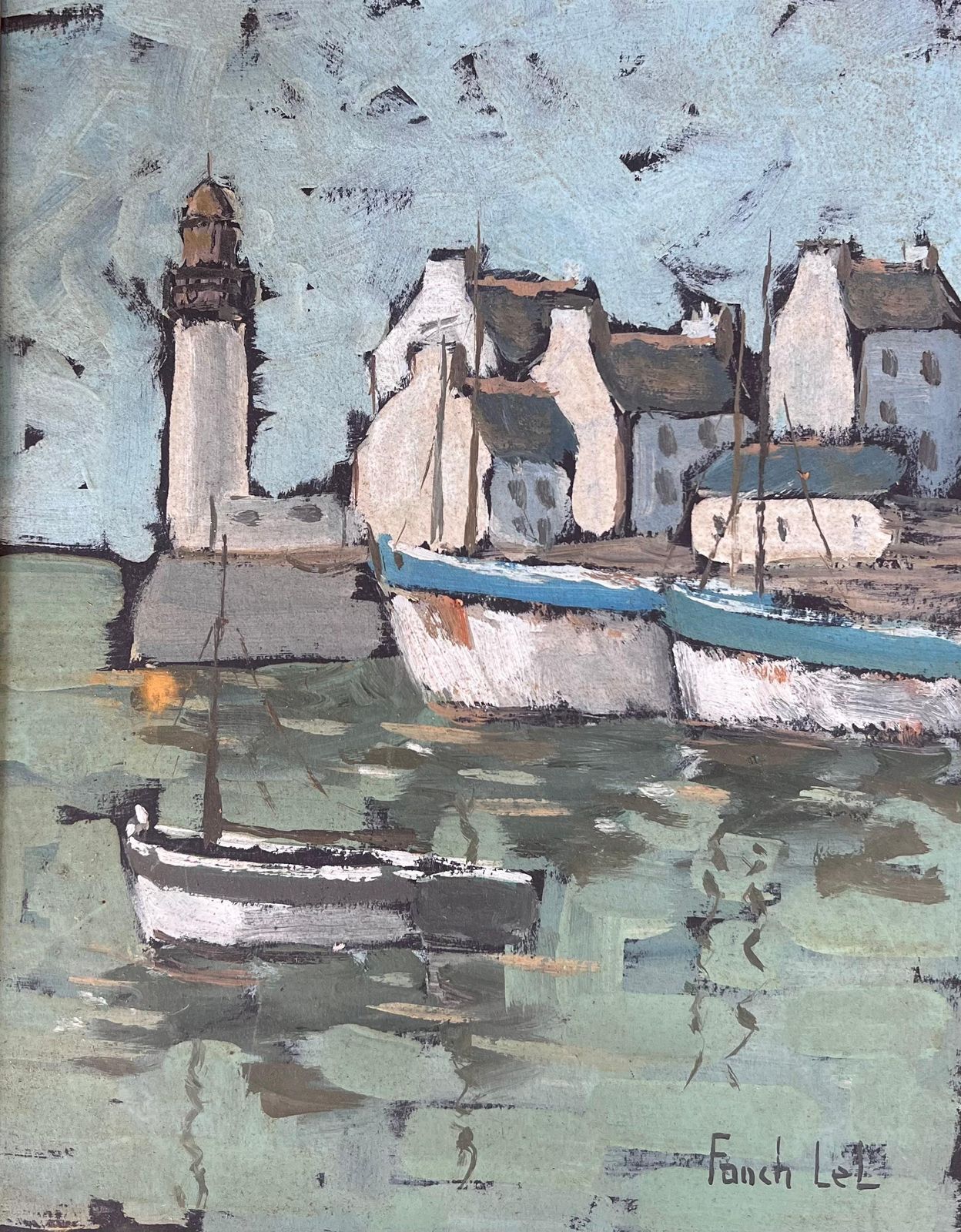 Fanch Lel Quiet Grey Boat Harbour In Breton France French Framed Oil Landscape Painting photo furniture