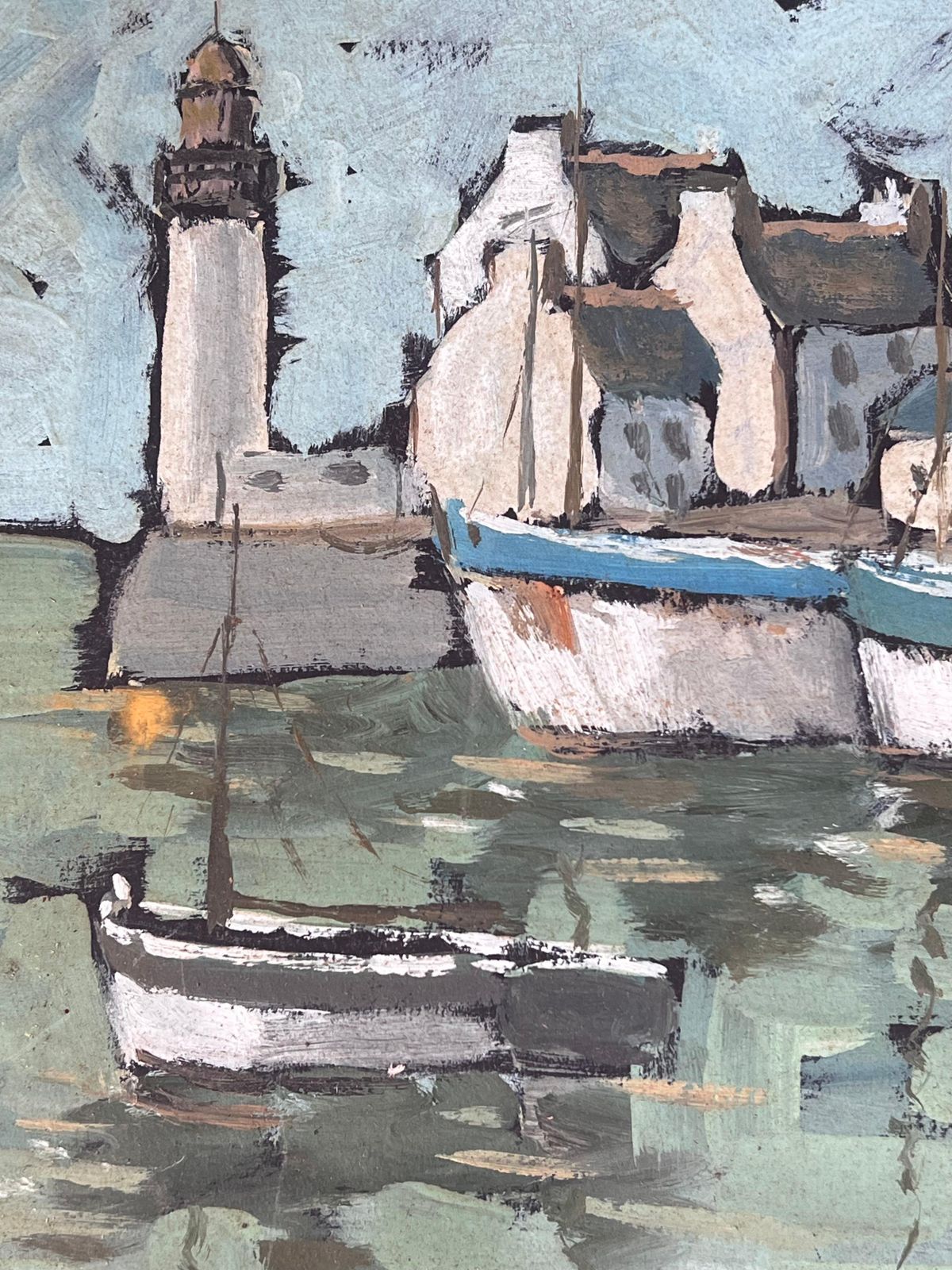 Fanch Lel Quiet Grey Boat Harbour In Breton France French Framed Oil Landscape Painting photo vinterior