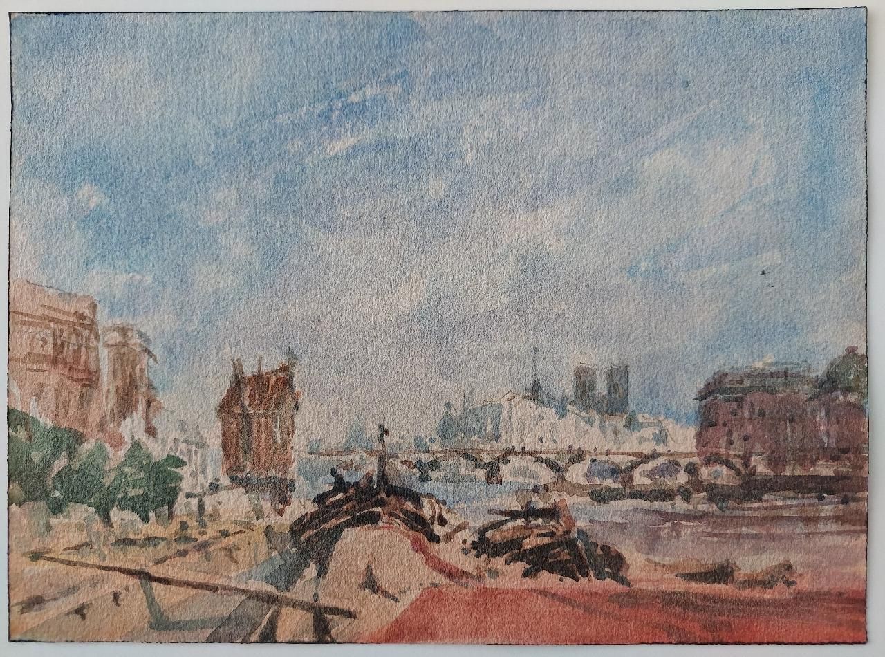 Maurice Mazeilie French Modernist Cubist Painting Paris River Seine Barges 20th Century photo furniture