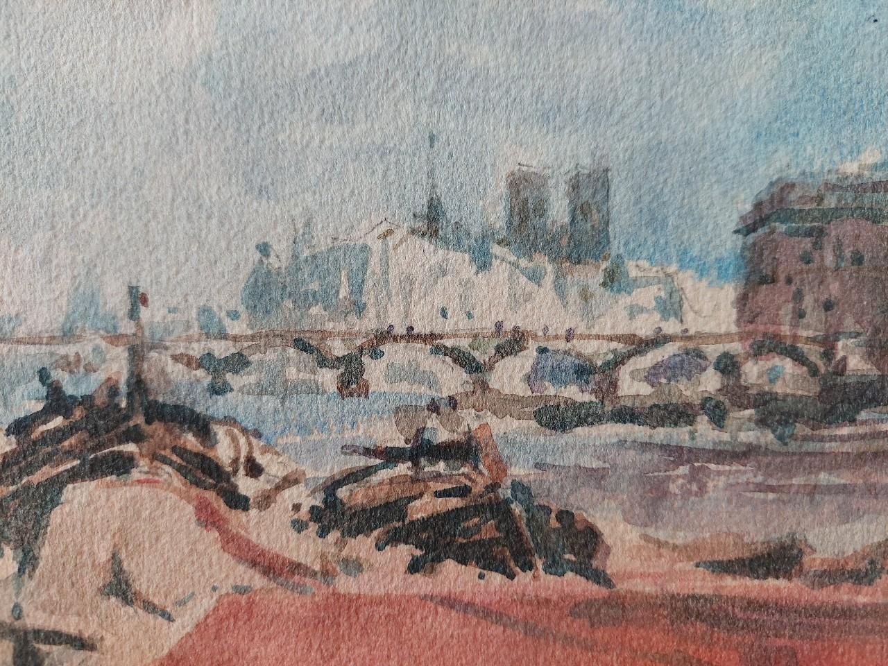 Maurice Mazeilie French Modernist Cubist Painting Paris River Seine Barges 20th Century photo 295.0
