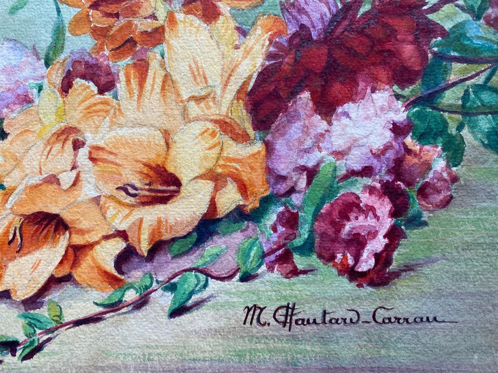 Unknown Early 1900's French Impressionist Signed Flower Watercolour By Marie Carreau Circa 1900s photo for sale