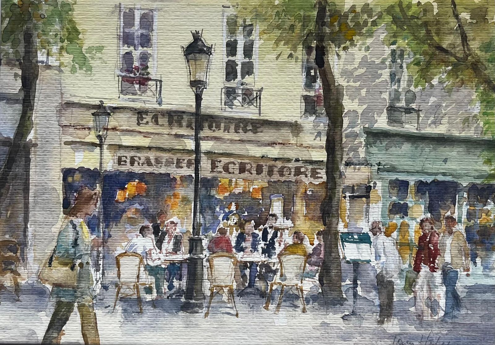 Anthony Herbert Parisian Street Café Scene With Diners And Trees Original City Watercolour