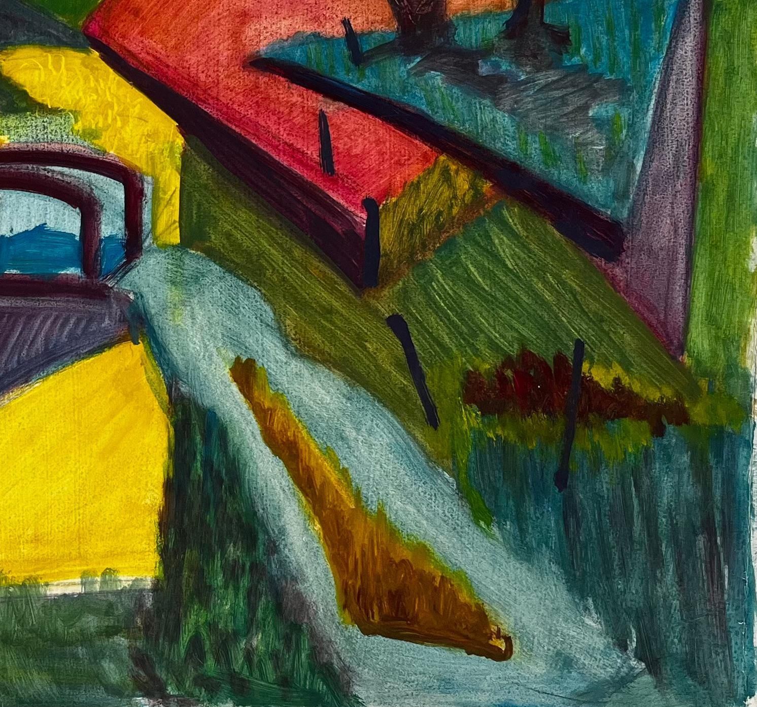 Cubist Gouache French Landscape With Yellow Path Trees Houses And Fields photo for sale