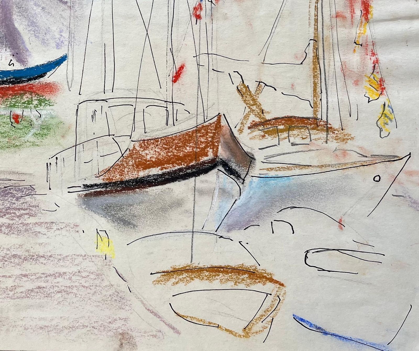 Anne Marie Migette Perard Mid 20th Century Post Impressionist Pastel Drawing Of Colourful Marina Scene photo for sale