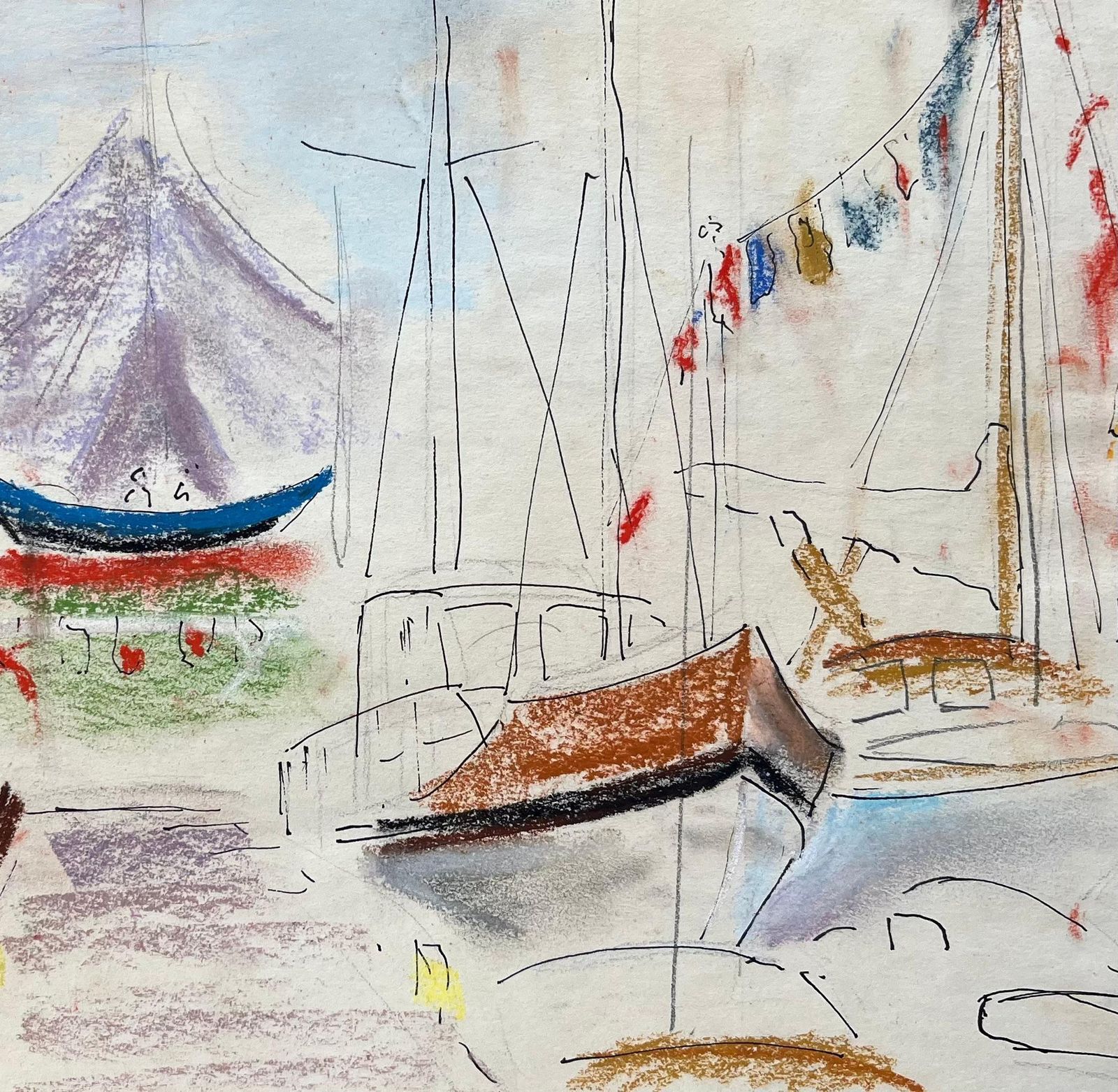 Anne Marie Migette Perard Mid 20th Century Post Impressionist Pastel Drawing Of Colourful Marina Scene photo buy