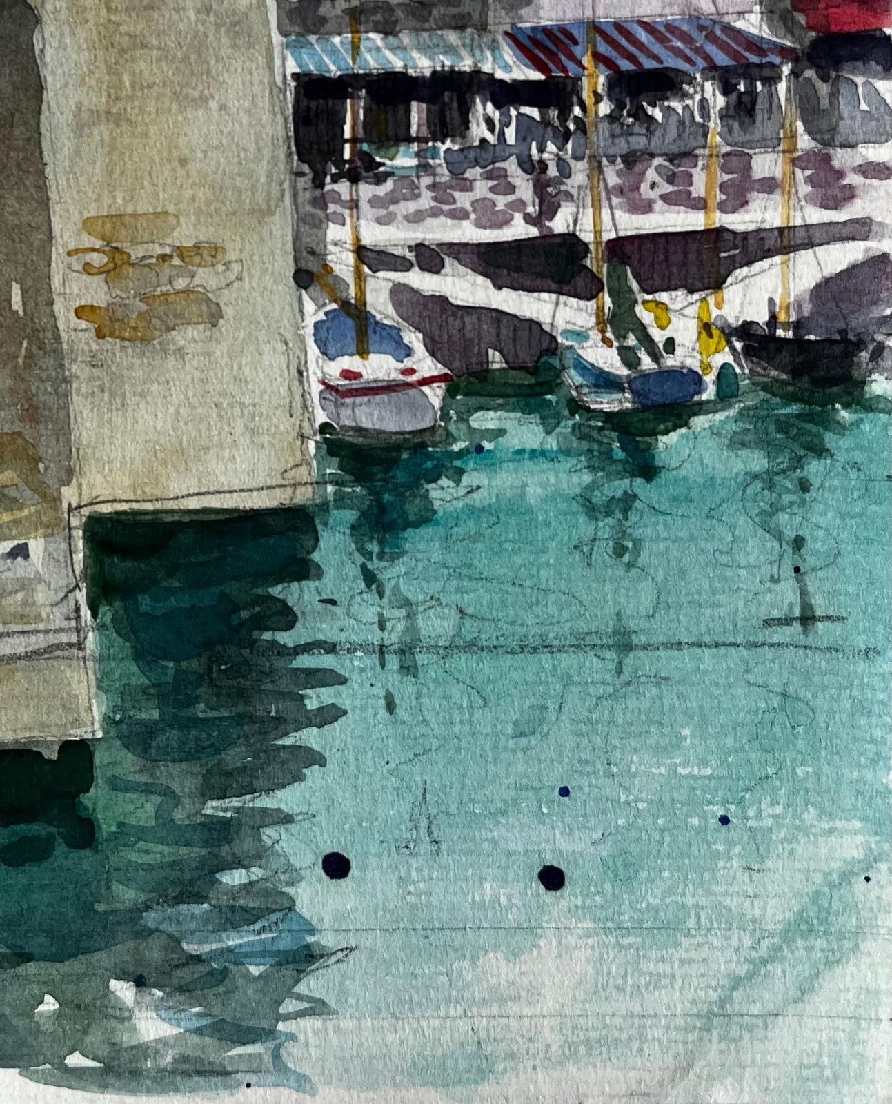 Pierre Neveu French Harbour Scene With Boats And Stone Buildings Brittany Coastal Watercolour photo furniture