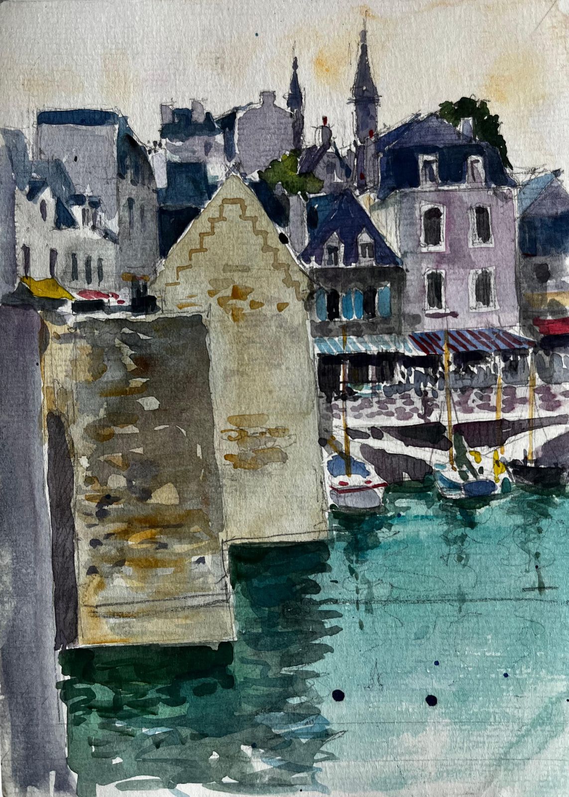 Pierre Neveu French Harbour Scene With Boats And Stone Buildings Brittany Coastal Watercolour photo vinterior
