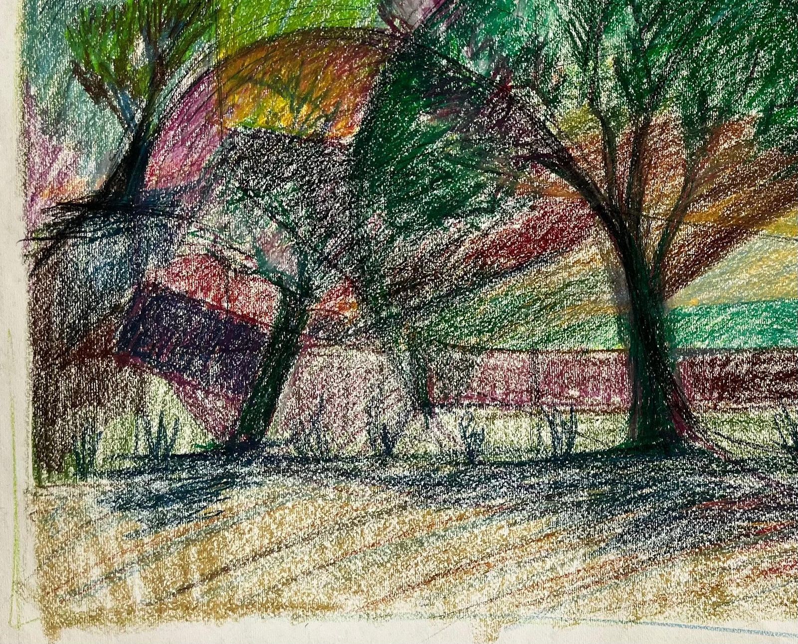 French Village Landscape With Trees And Hilltop Houses Pastel Drawing photo vinterior