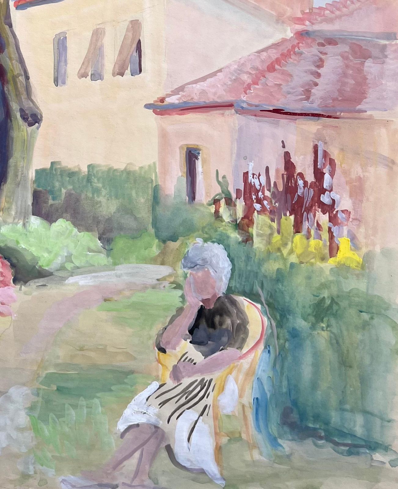 Anne Marie Migette Perard Mid Century French Watercolour Of Woman Seated In Garden With Pink Flowers photo for sale