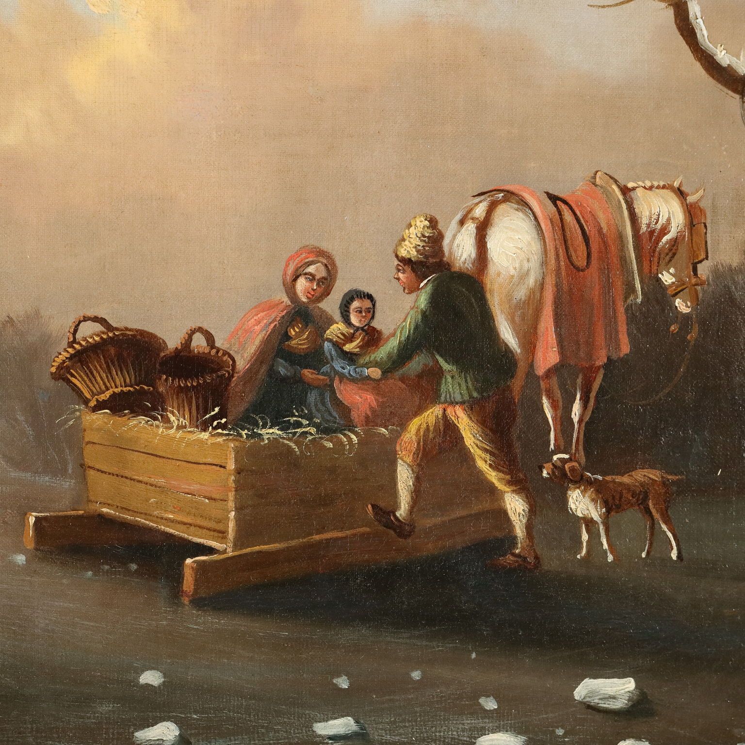 Antique Painting With Winter Landscape Oil On Canvas XIX Century photo for sale