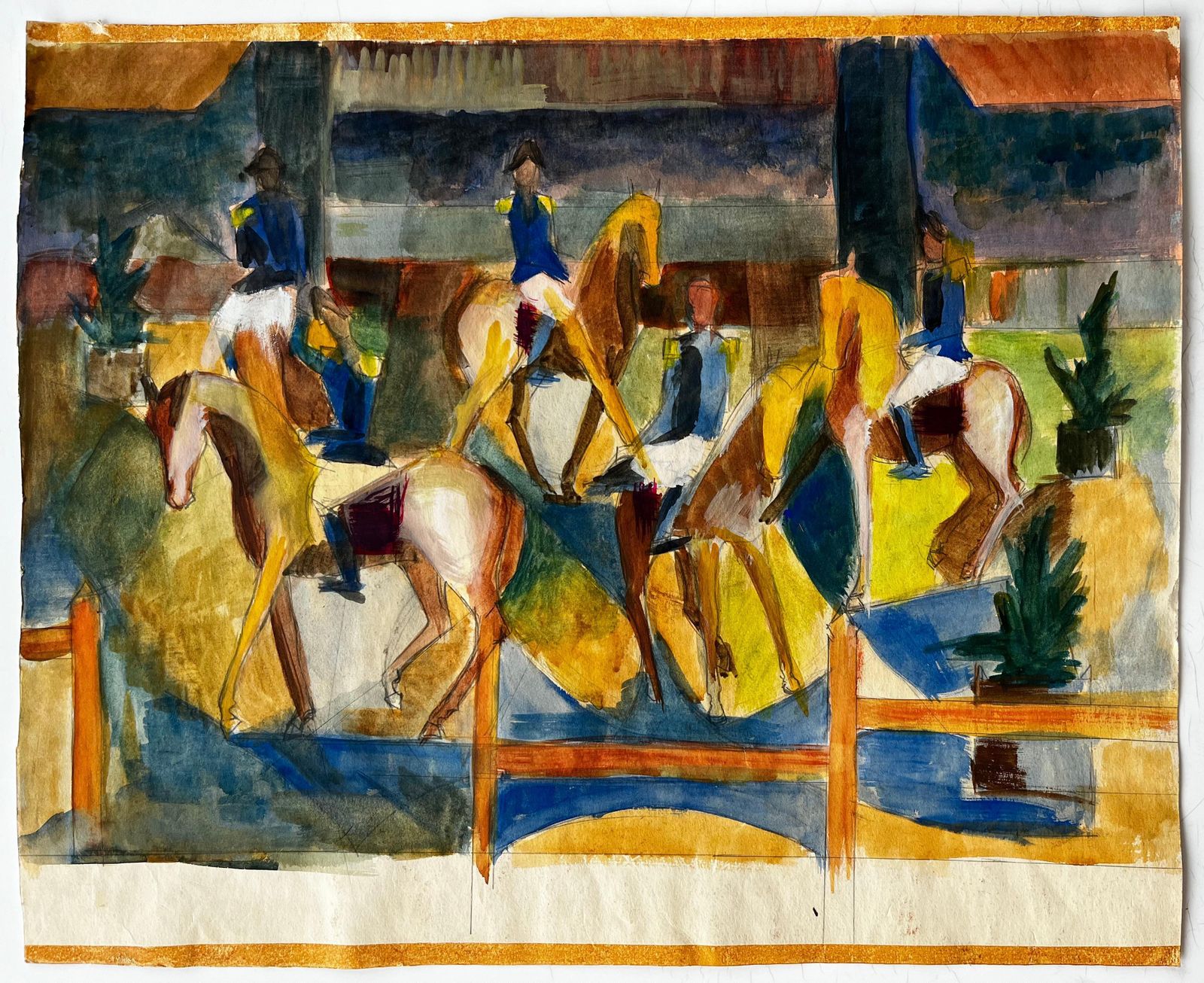 Guy Nicod Equestrian Riders With Horses In Arena French Modernist Watercolour Gouache photo furniture
