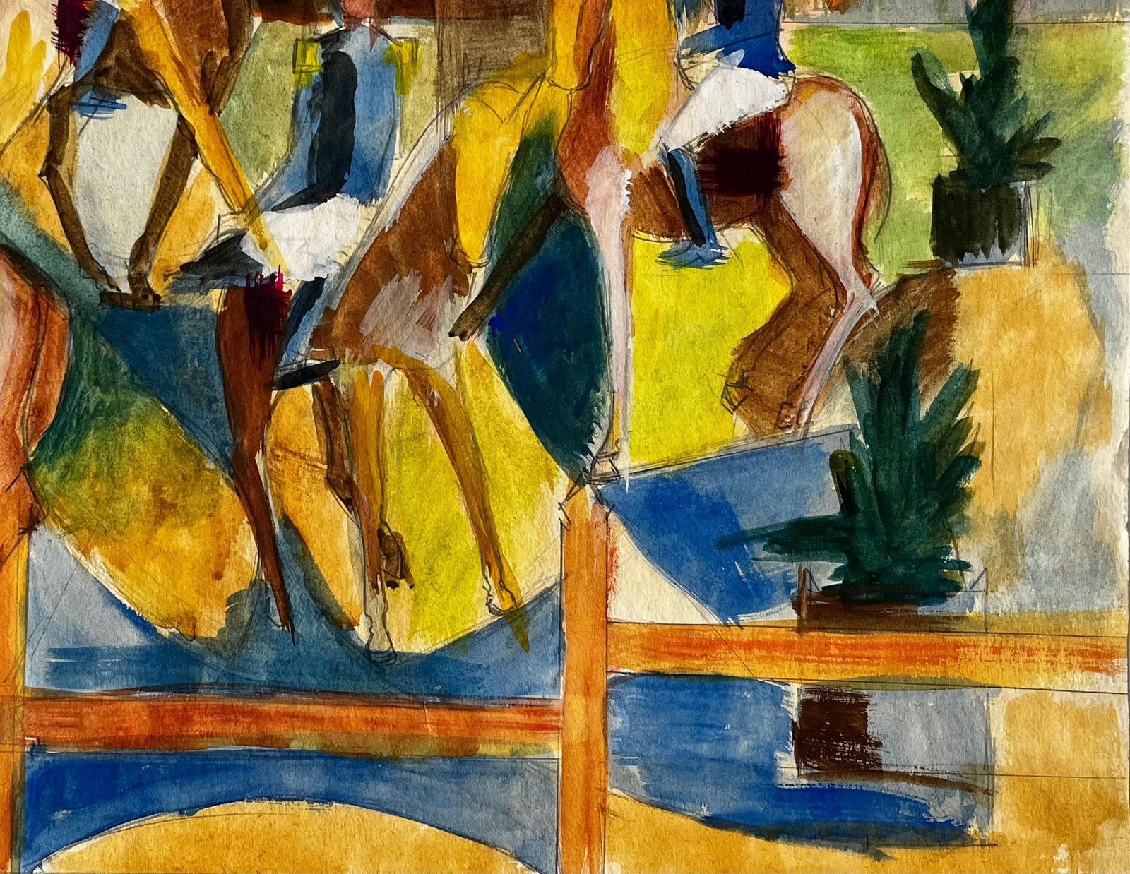 Guy Nicod Equestrian Riders With Horses In Arena French Modernist Watercolour Gouache photo 515.0
