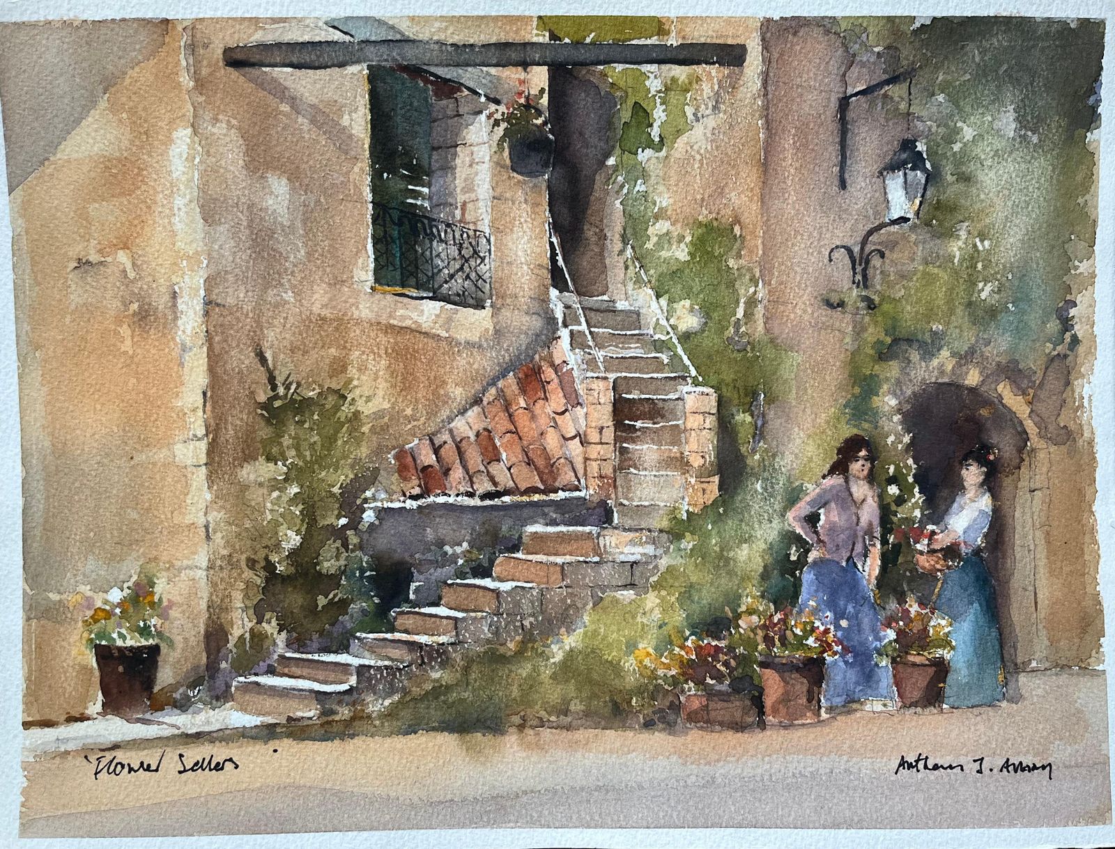 Anthony Avery British Watercolor Of A Rustic Mediterranean Courtyard With Flower Sellers