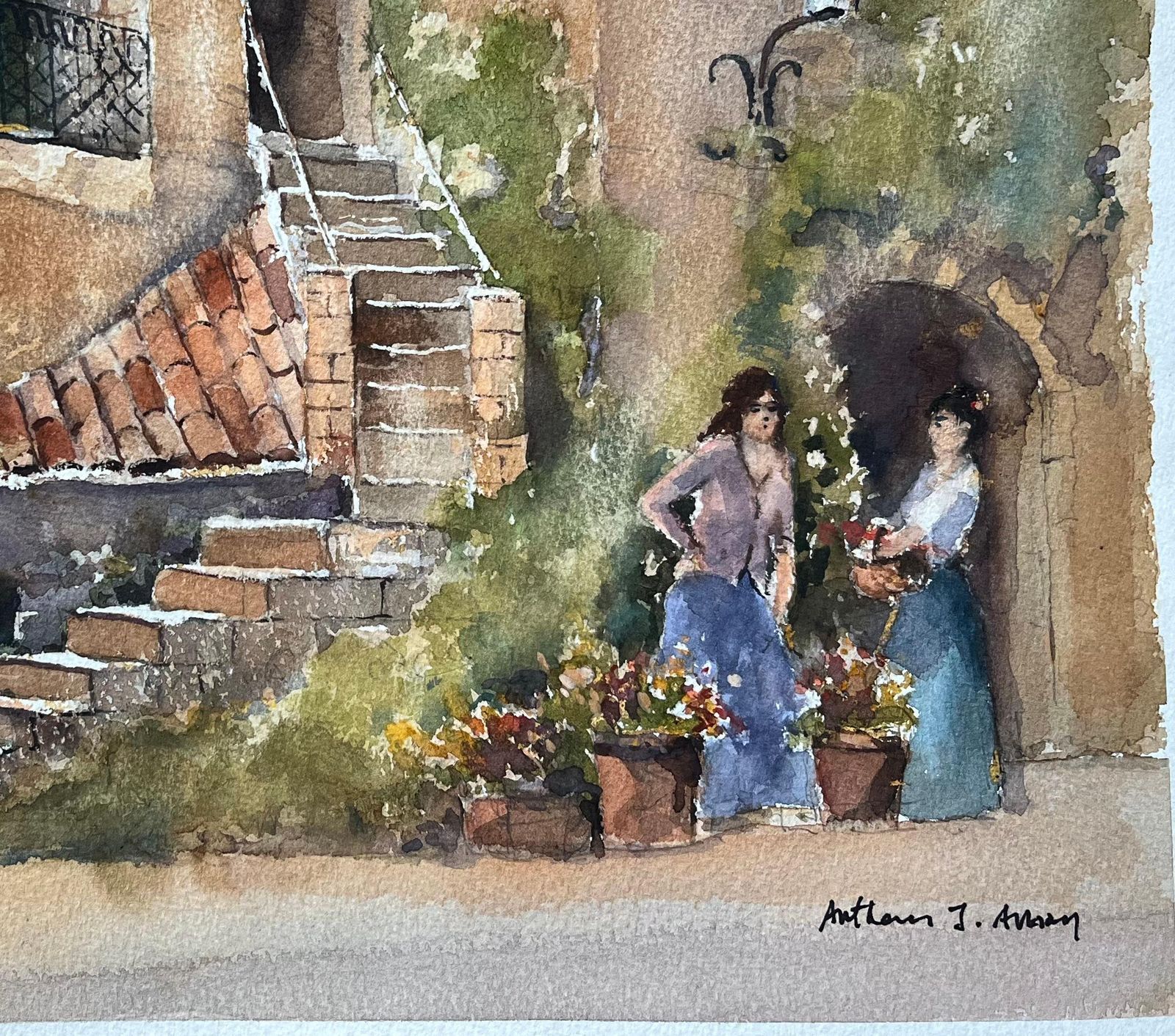 Anthony Avery British Watercolor Of A Rustic Mediterranean Courtyard With Flower Sellers photo for sale