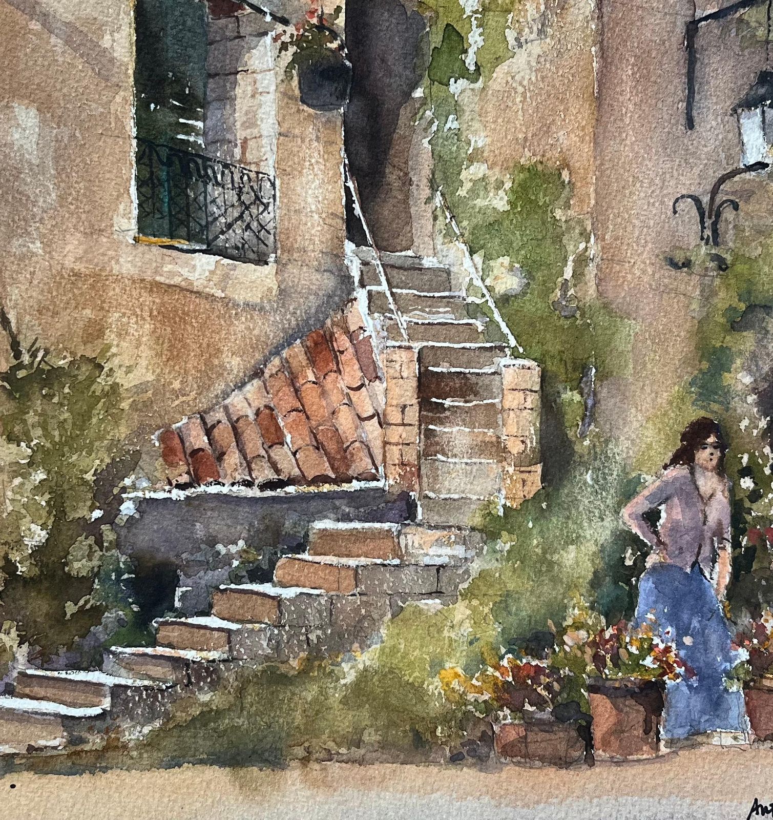 Anthony Avery British Watercolor Of A Rustic Mediterranean Courtyard With Flower Sellers photo vinterior