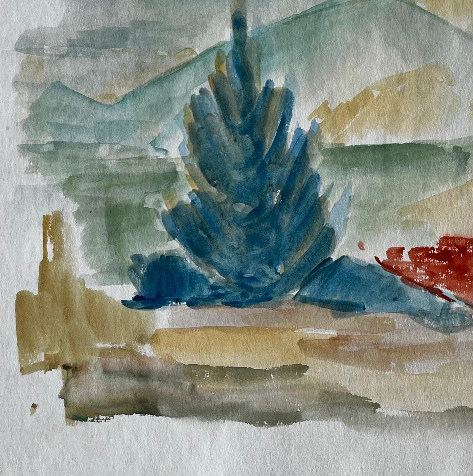 Guy Nicod Mountain Landscape With Cypress French Modernist Gouache By Guy Nicod photo for sale