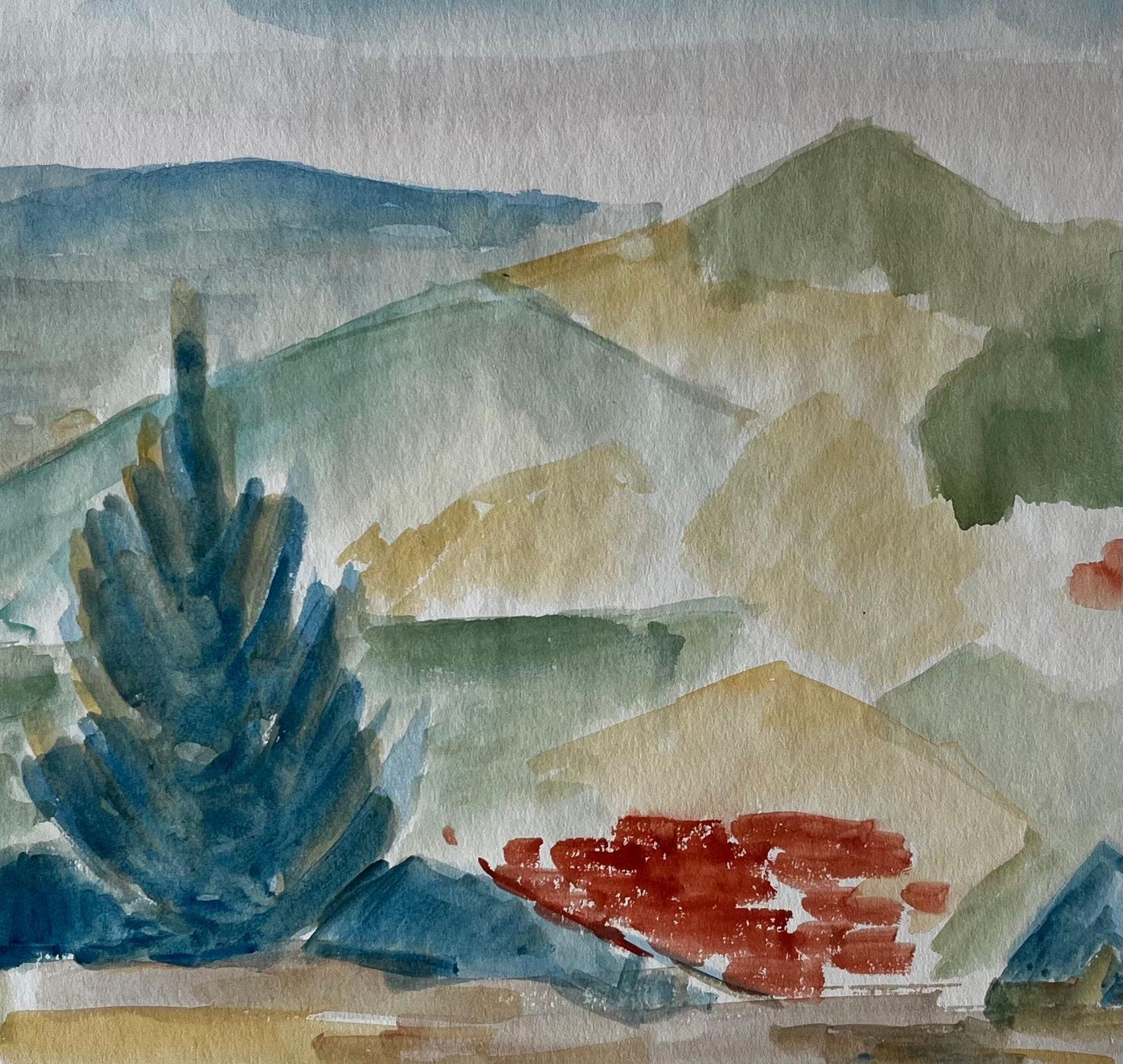 Guy Nicod Mountain Landscape With Cypress French Modernist Gouache By Guy Nicod photo buy
