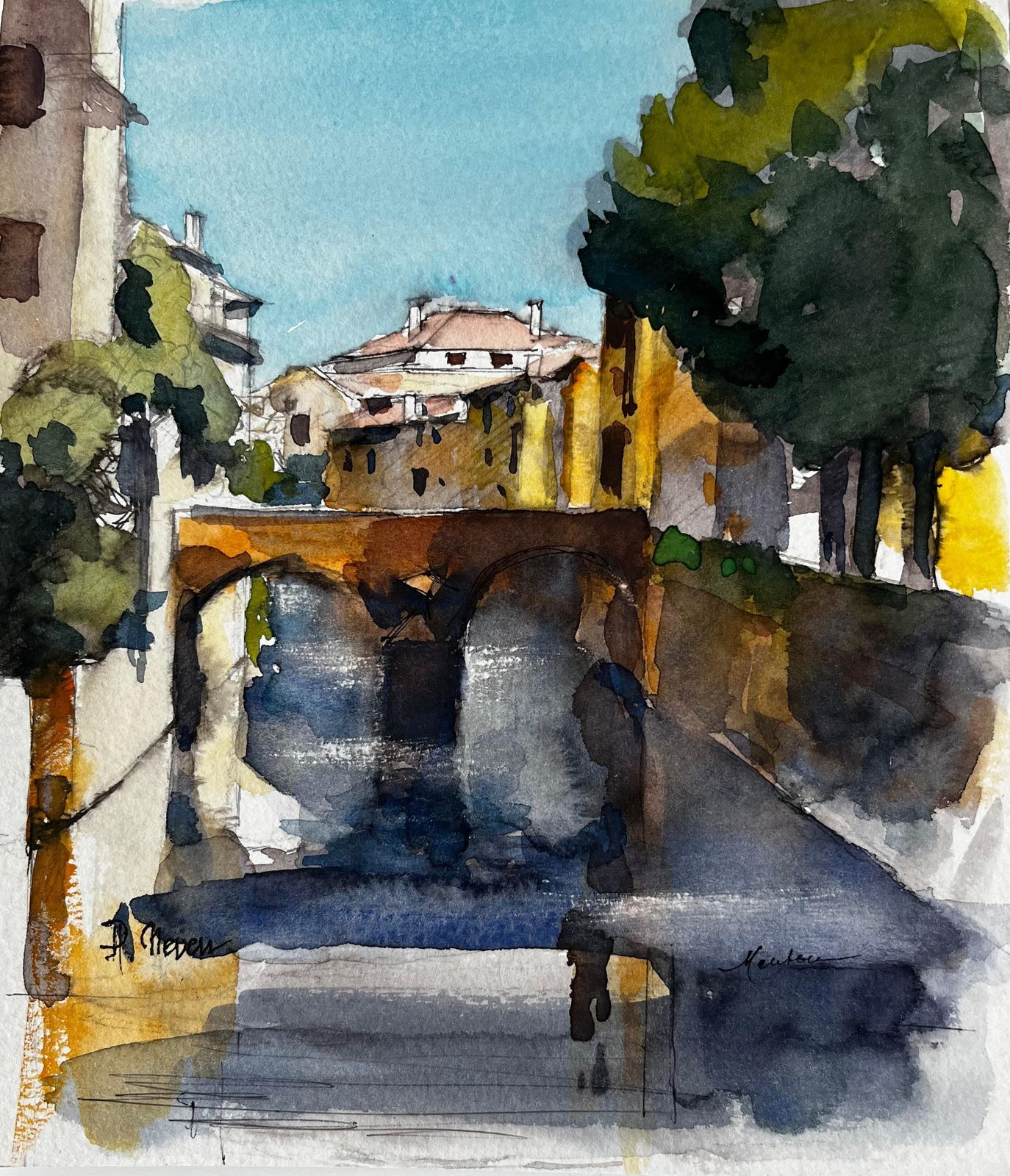 Pierre Neveu Provence Stone Bridge Village Scene Watercolour French Post Impressionist