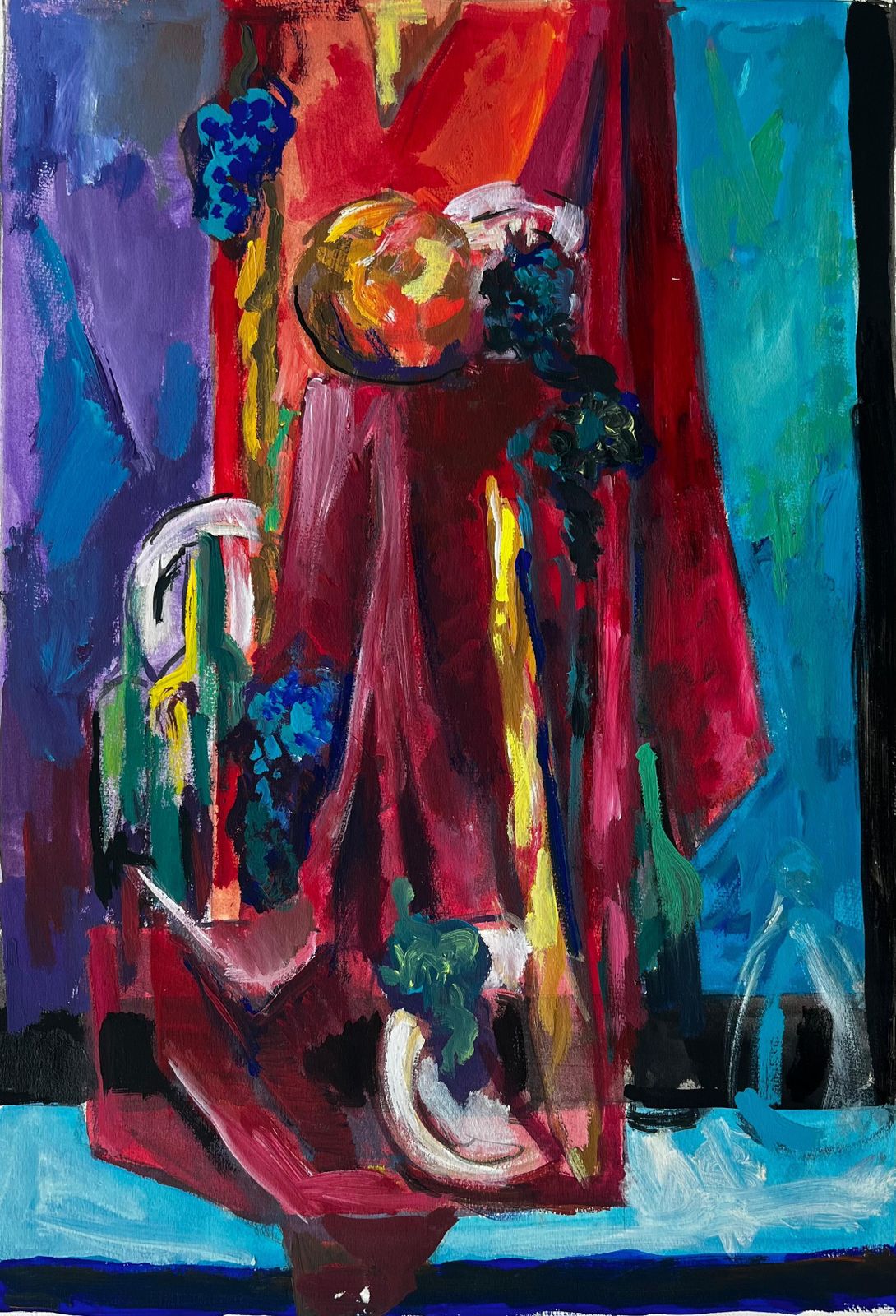 Guy Nicod Still Life With Red Drapery Fruit And Blue Background French Modernist Gouache