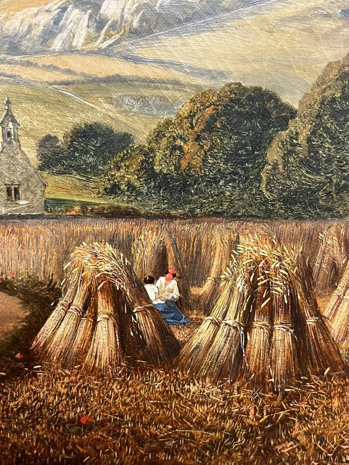 English Victorian Oil Early 19th Century Welsh Oil Painting Harvest Time Loading Haycart Mountains photo for sale