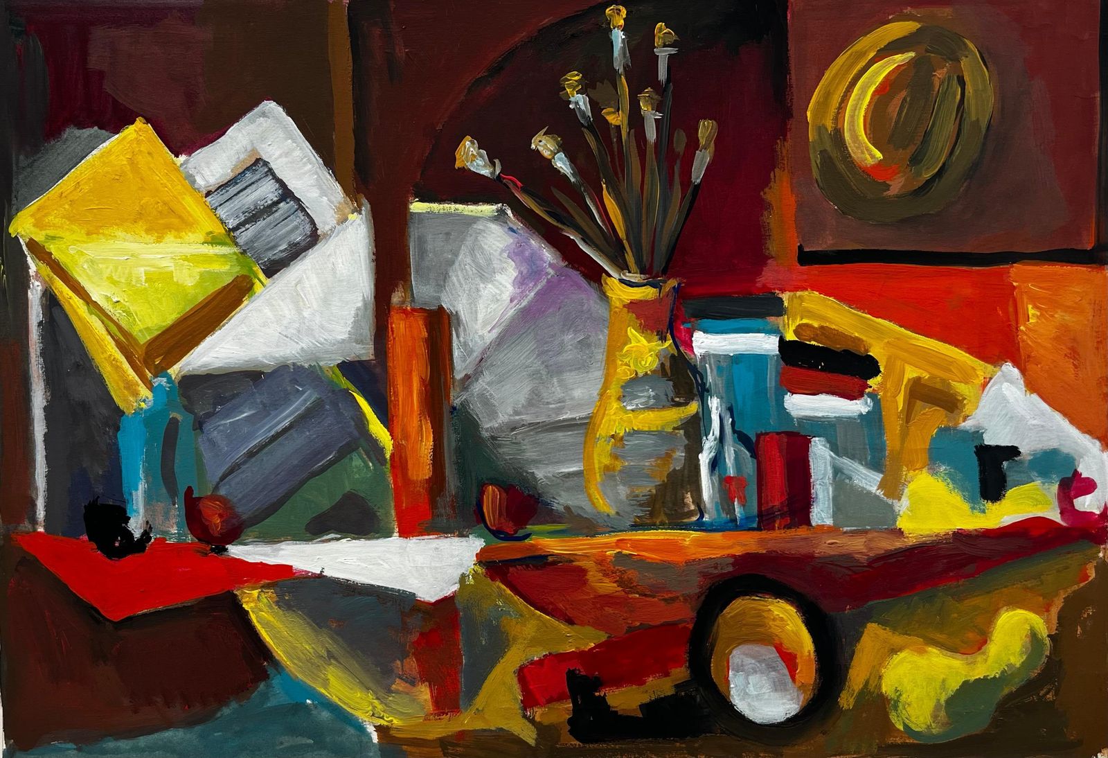 Guy Nicod Still Life With Artist Workbench Yellow Vase And Hat On Wall French Modernist
