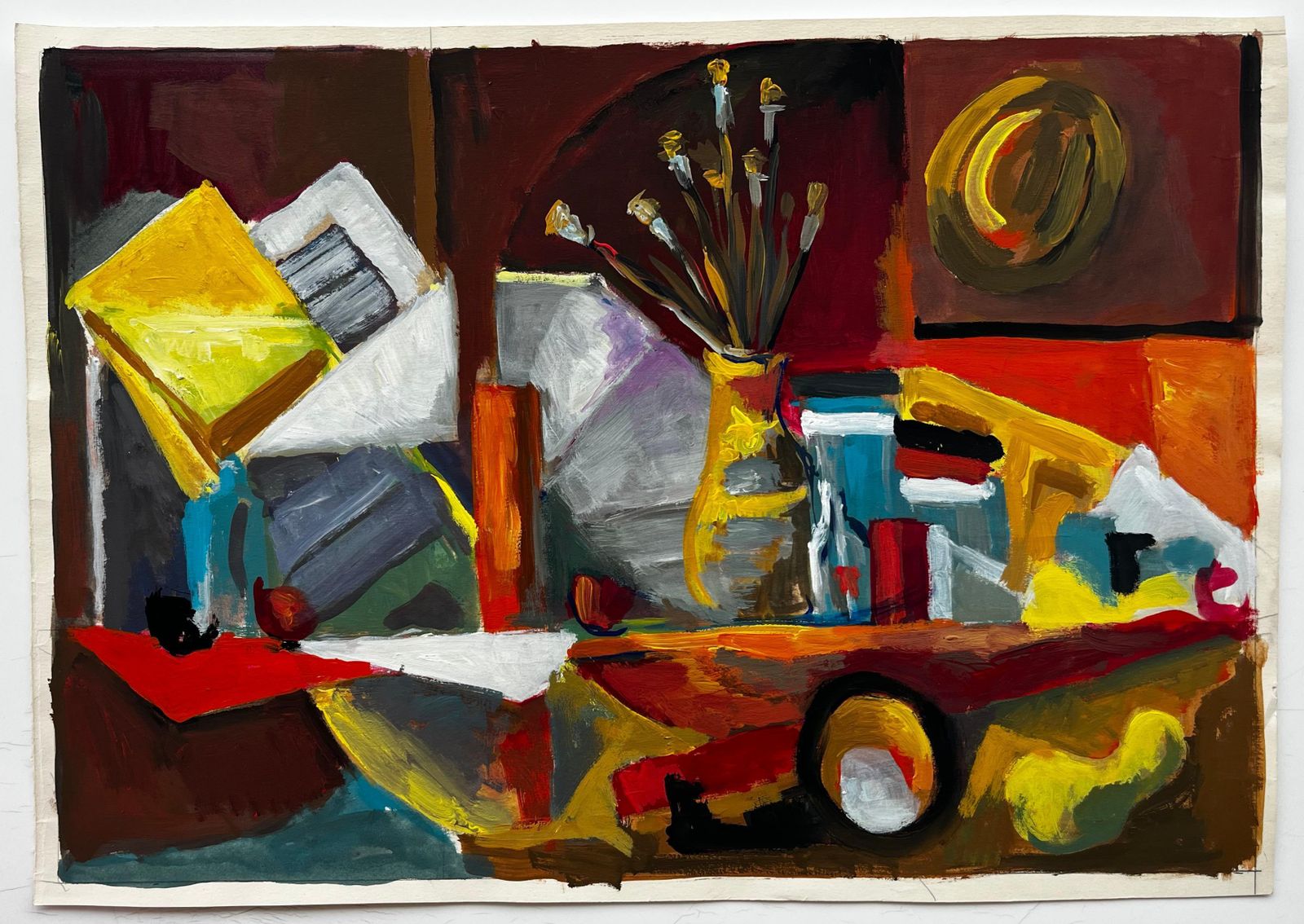 Guy Nicod Still Life With Artist Workbench Yellow Vase And Hat On Wall French Modernist photo furniture