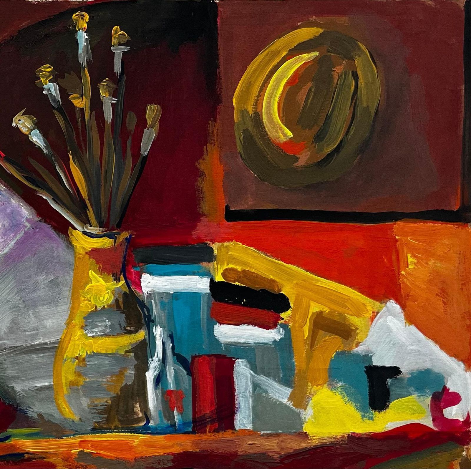 Guy Nicod Still Life With Artist Workbench Yellow Vase And Hat On Wall French Modernist photo for sale