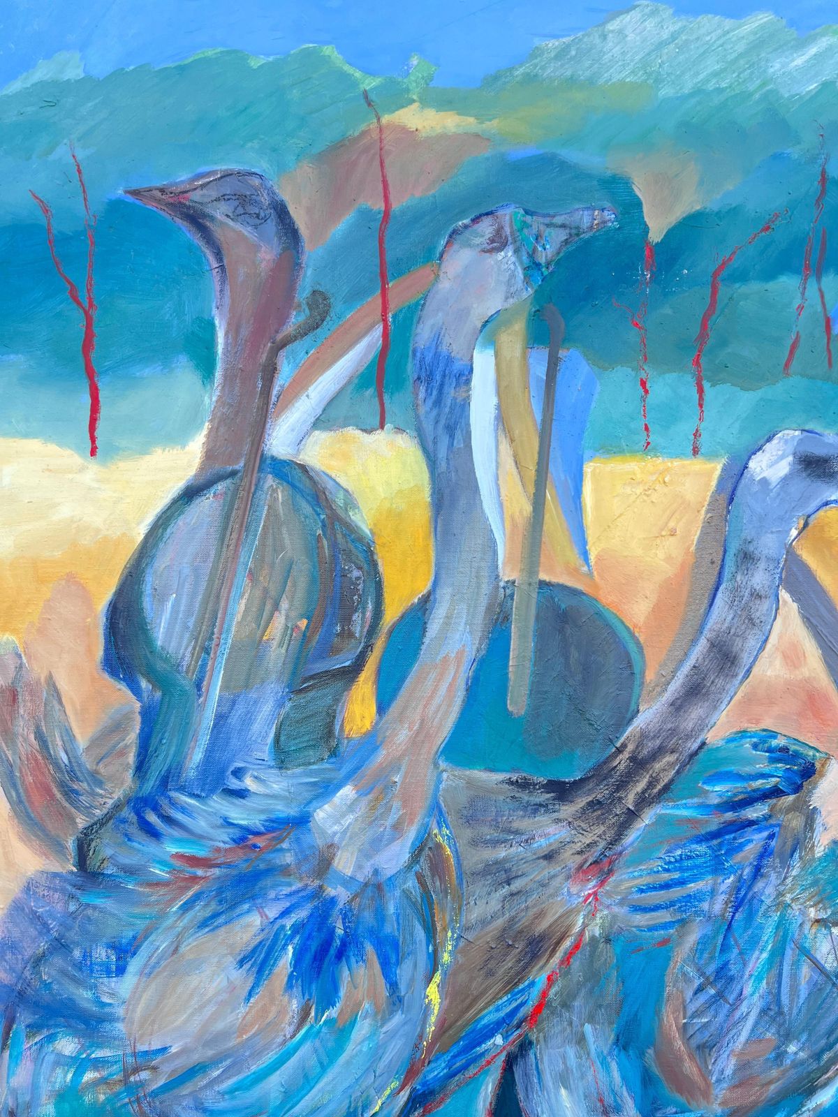 Jacqueline Verdet (1931 2023) Huge French Contemporary Modernist Abstract Oil Painting Exotic Blue Green Birds photo for sale