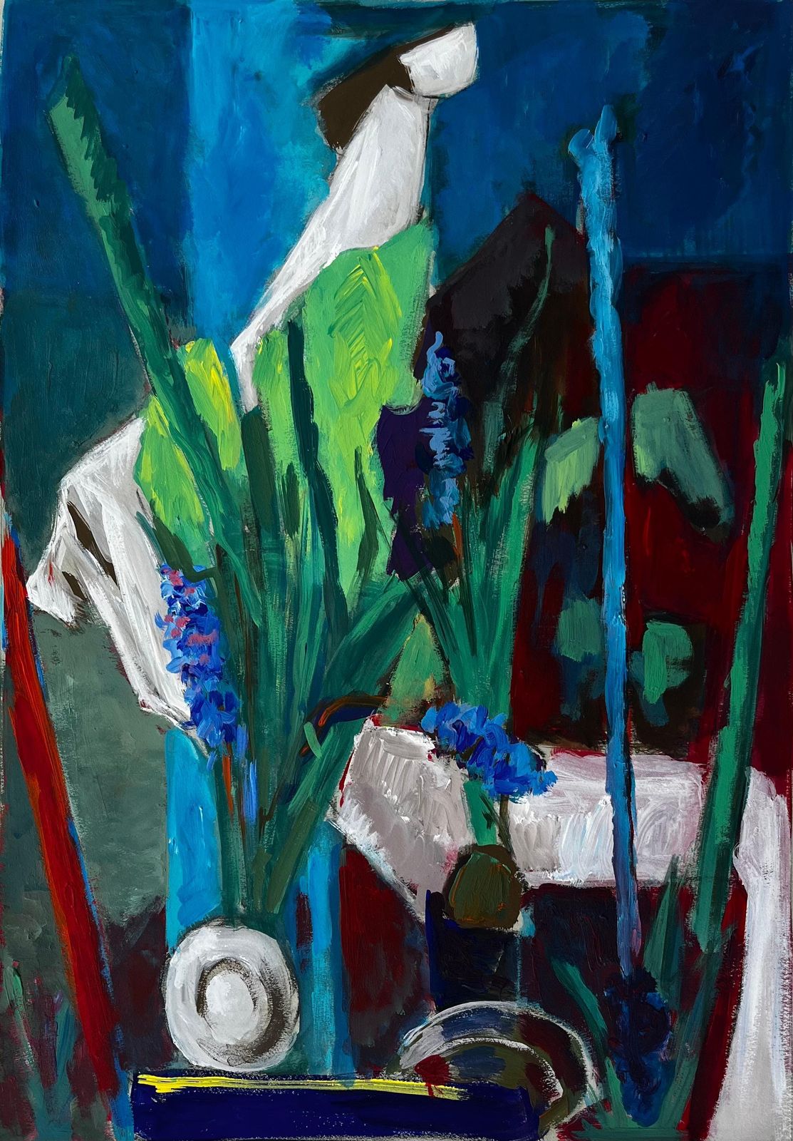 Guy Nicod Still Life With Blue Flowers And Green Drapery French Modern Gouache Painting