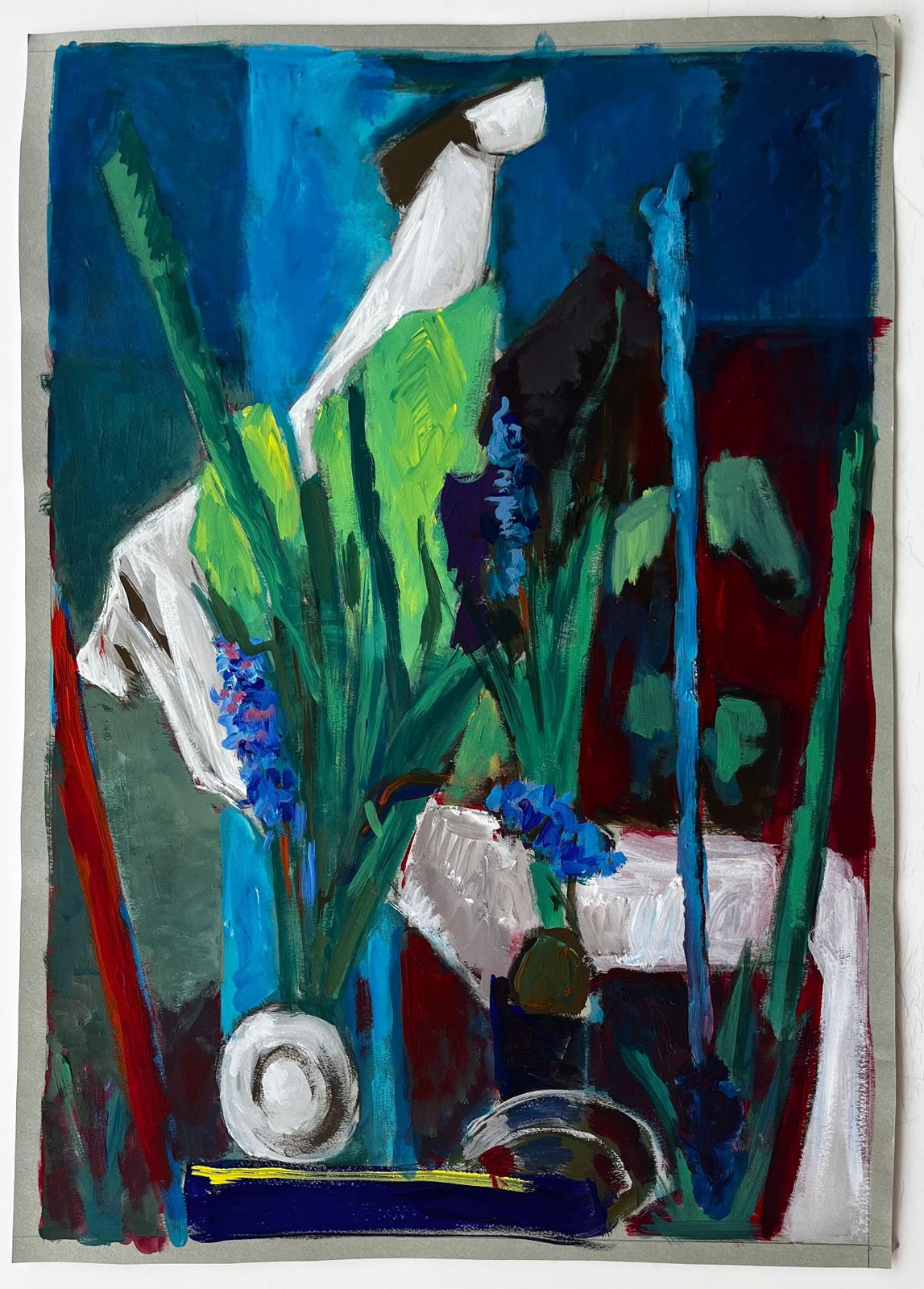 Guy Nicod Still Life With Blue Flowers And Green Drapery French Modern Gouache Painting photo furniture